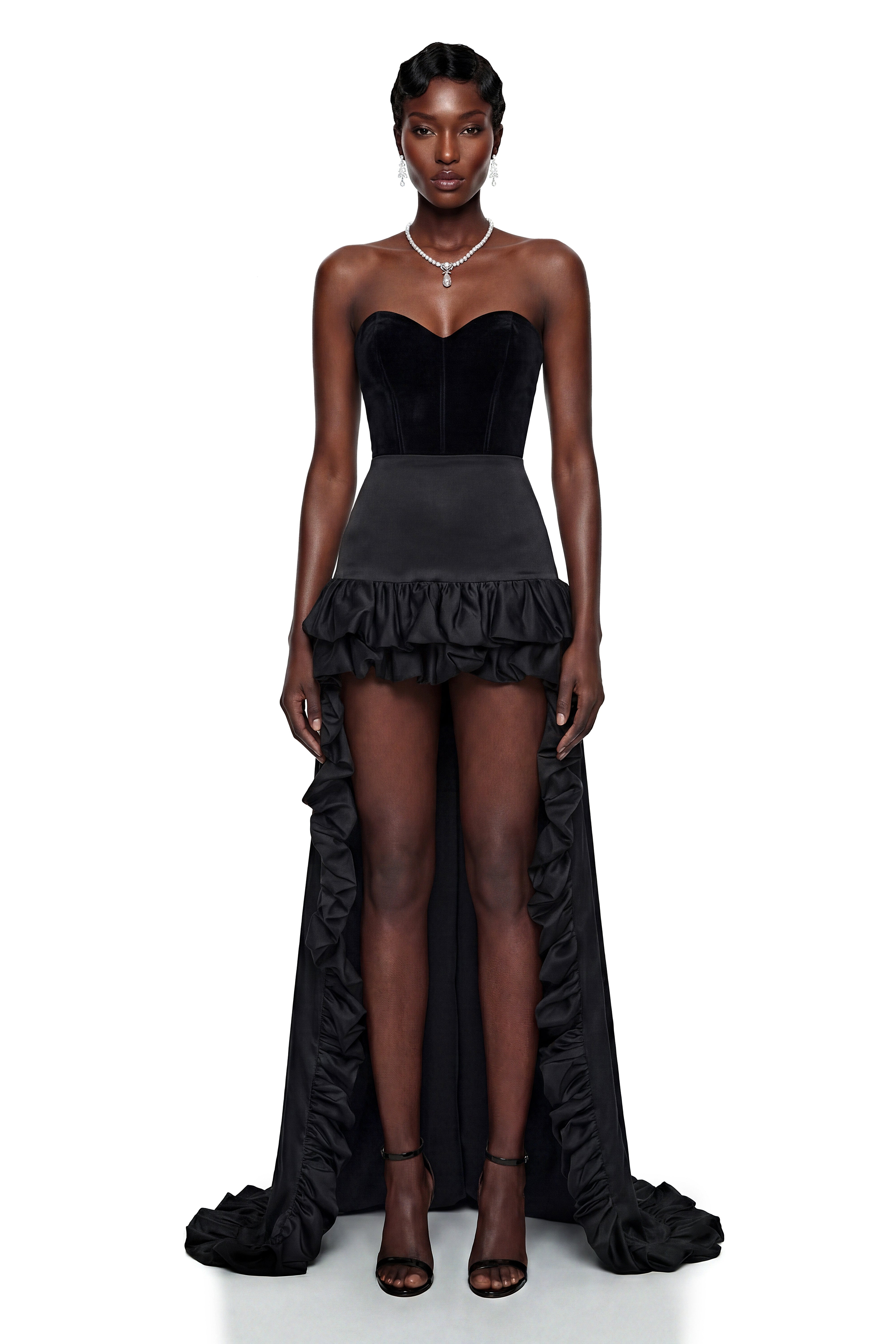 Saveria Black Ruffled High-Low Satin Skirt (Final Sale-US Only)