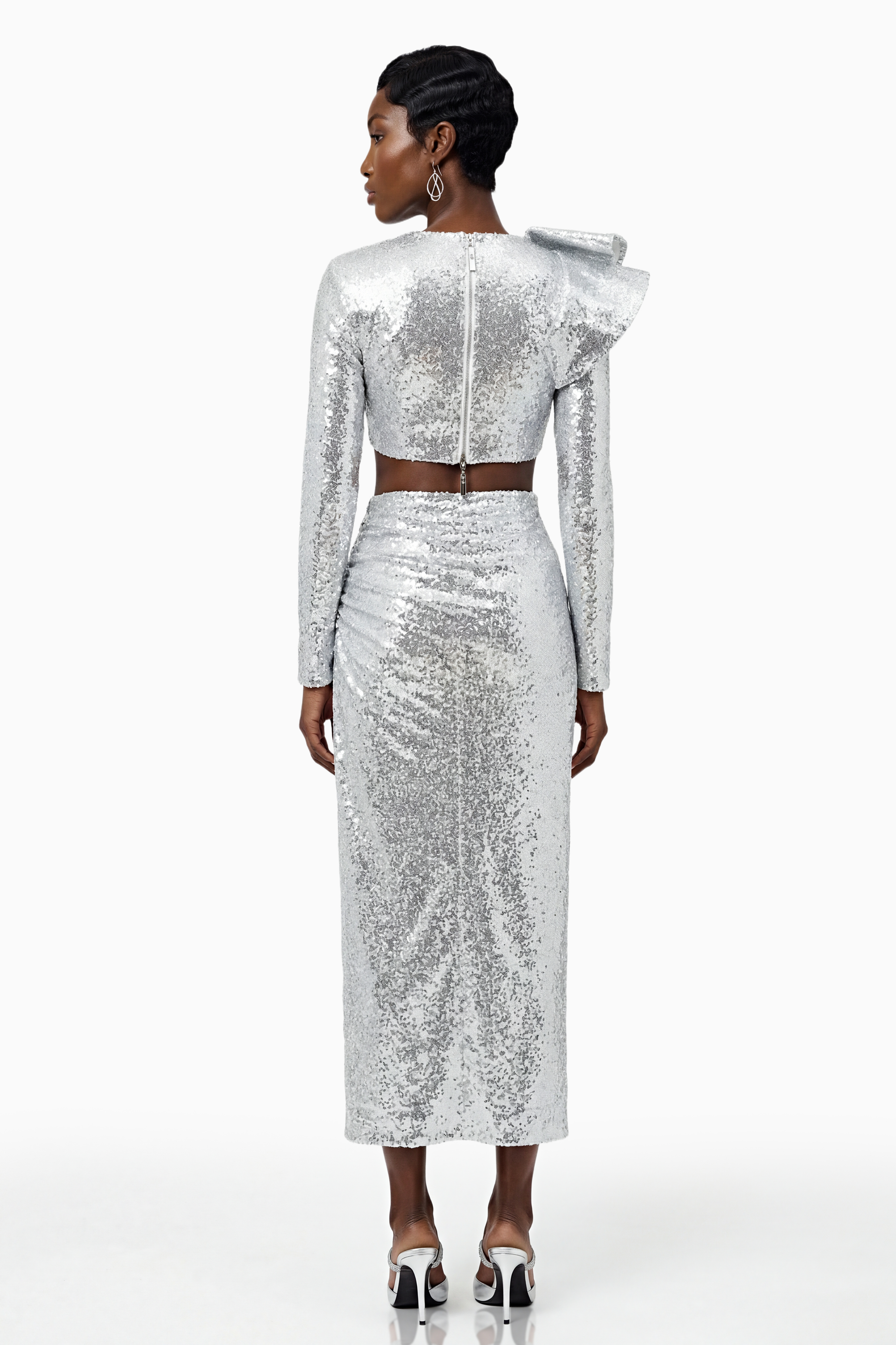 Selah Silver Asymmetrical Top & Skirt Set with Slit