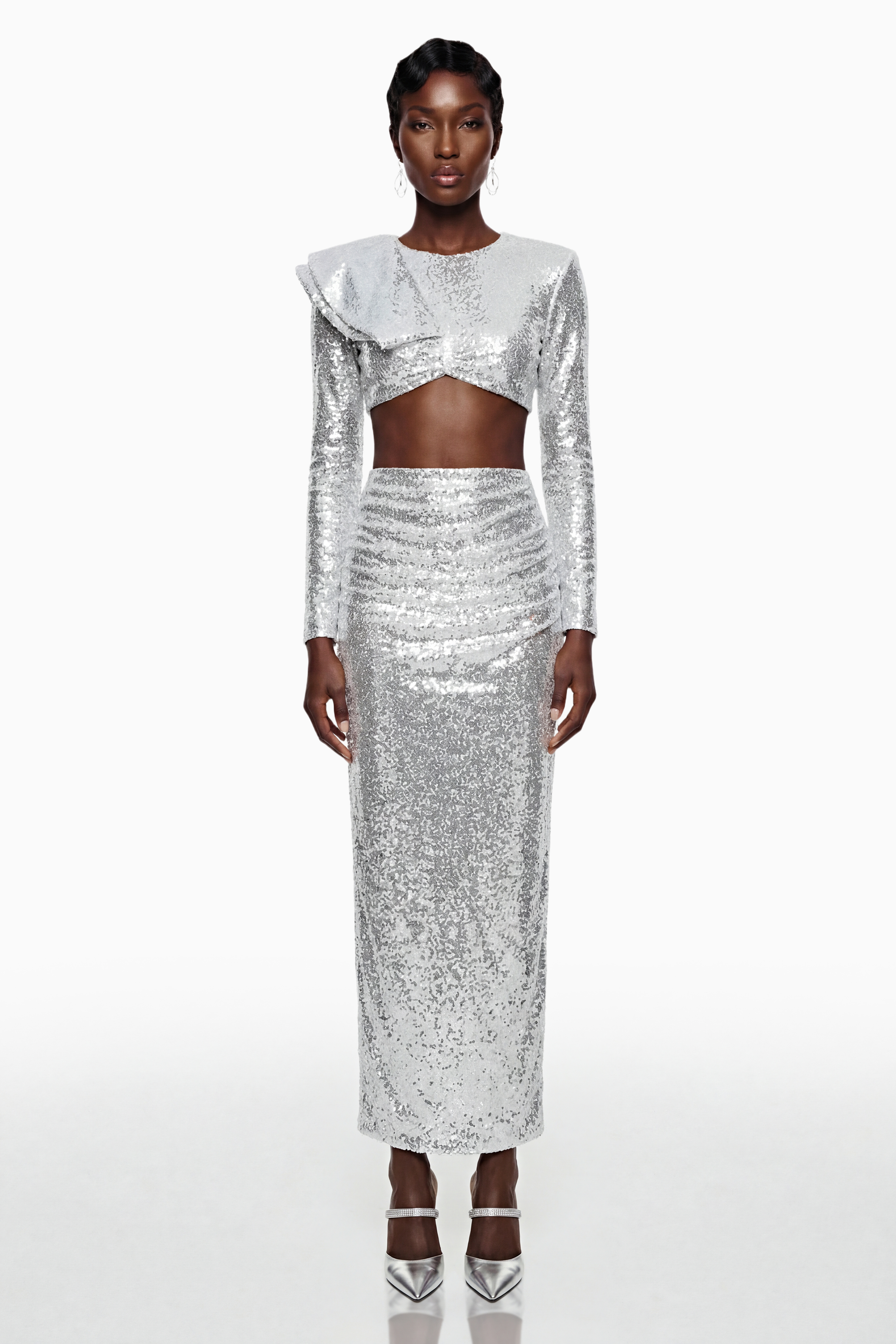 Selah Silver Asymmetrical Top & Skirt Set with Slit