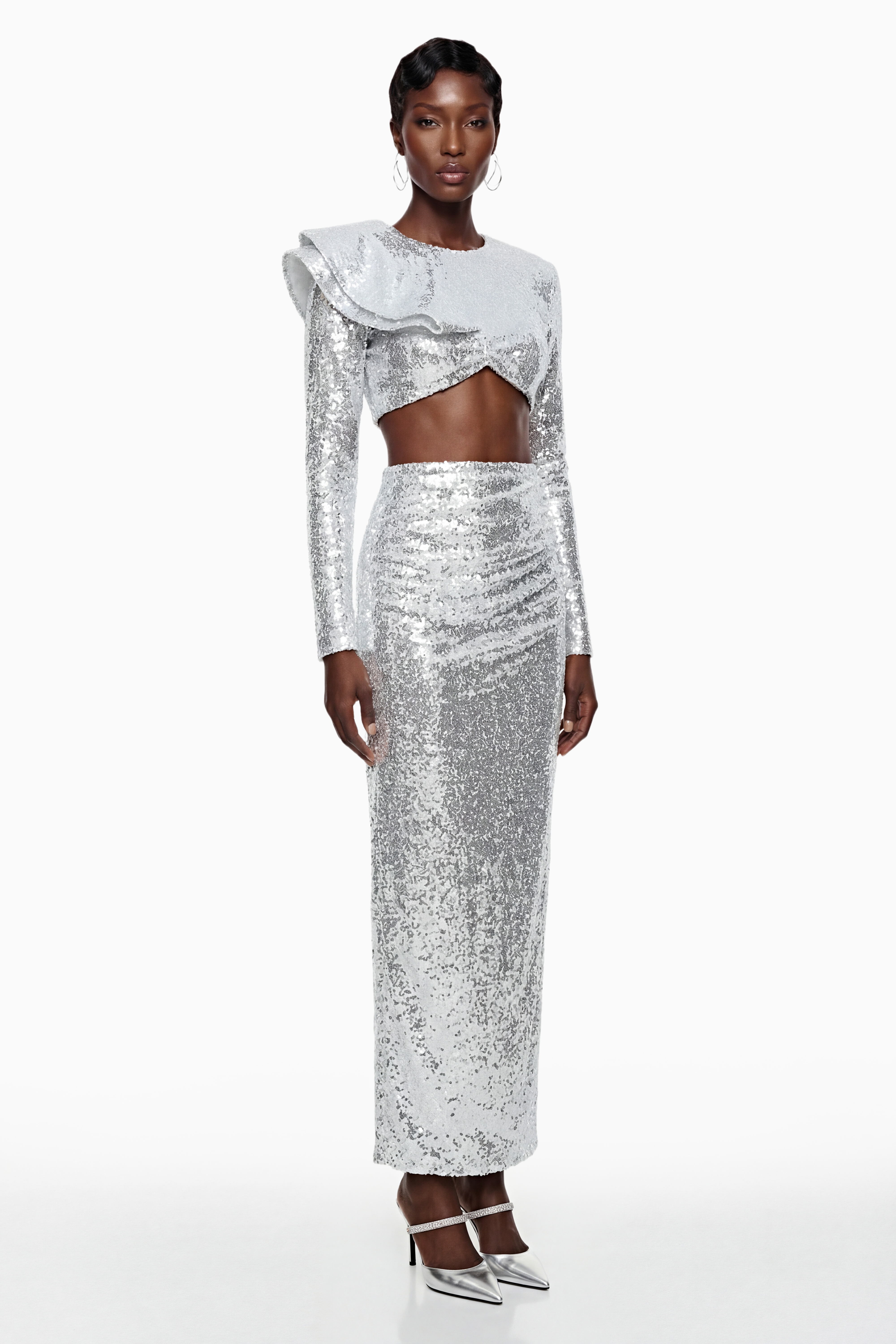 Selah Silver Asymmetrical Top & Skirt Set with Slit