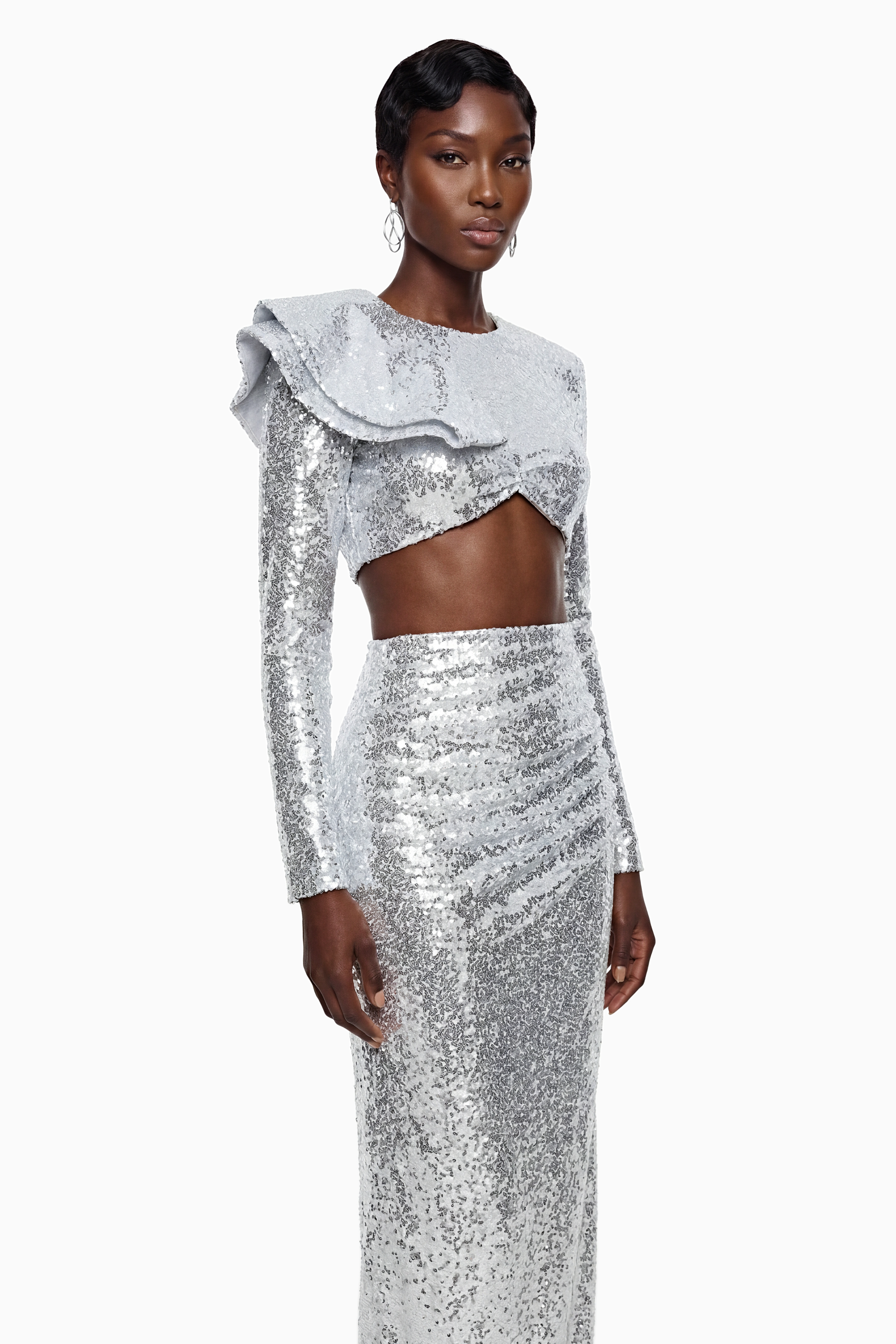 Selah Silver Asymmetrical Top & Skirt Set with Slit (Final Sale)