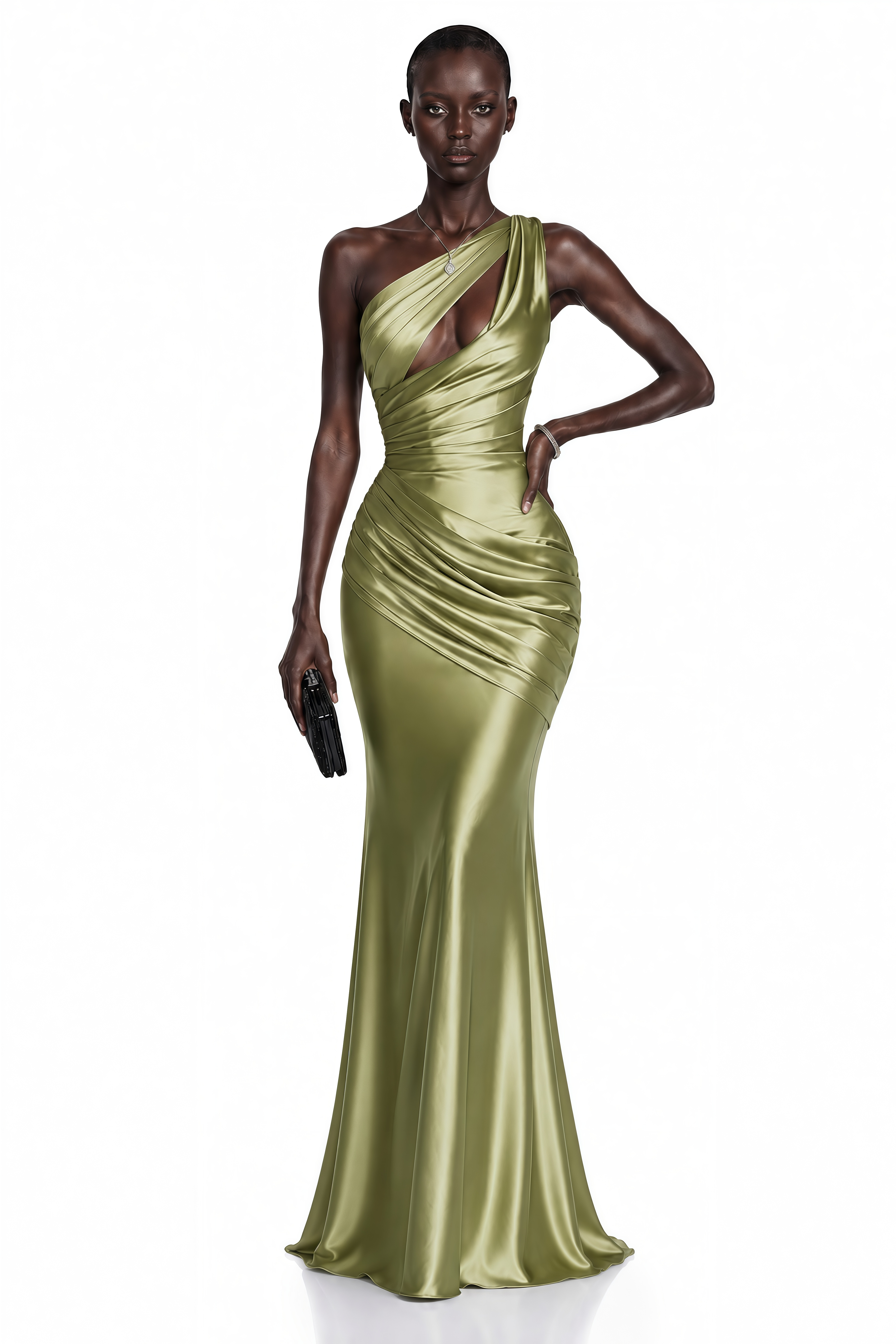 Sage green satin one-shoulder maxi dress with a cutout bodice and draped details