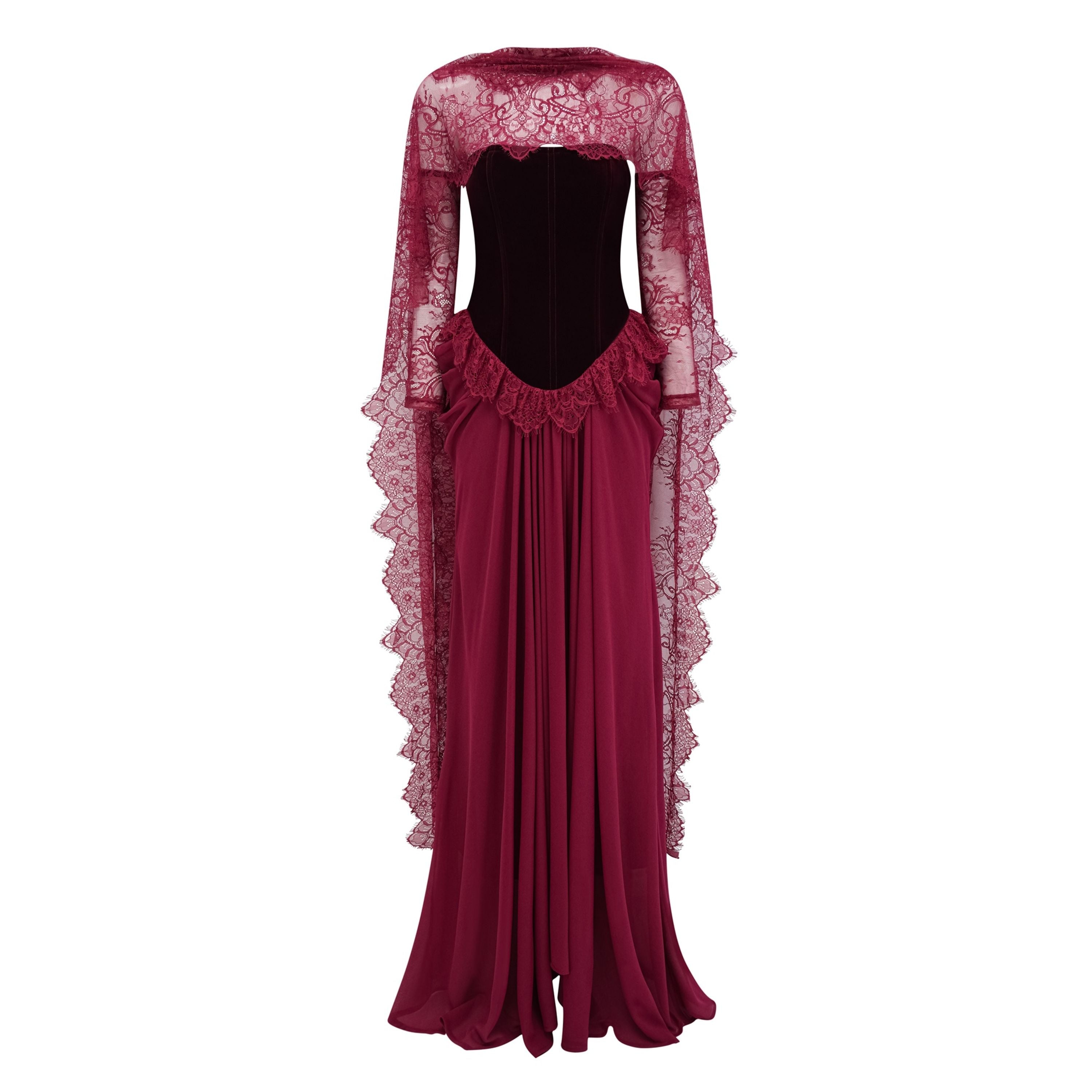 Seraphina Red Floral Lace Maxi Dress with Cape (Final Sale-US Only)