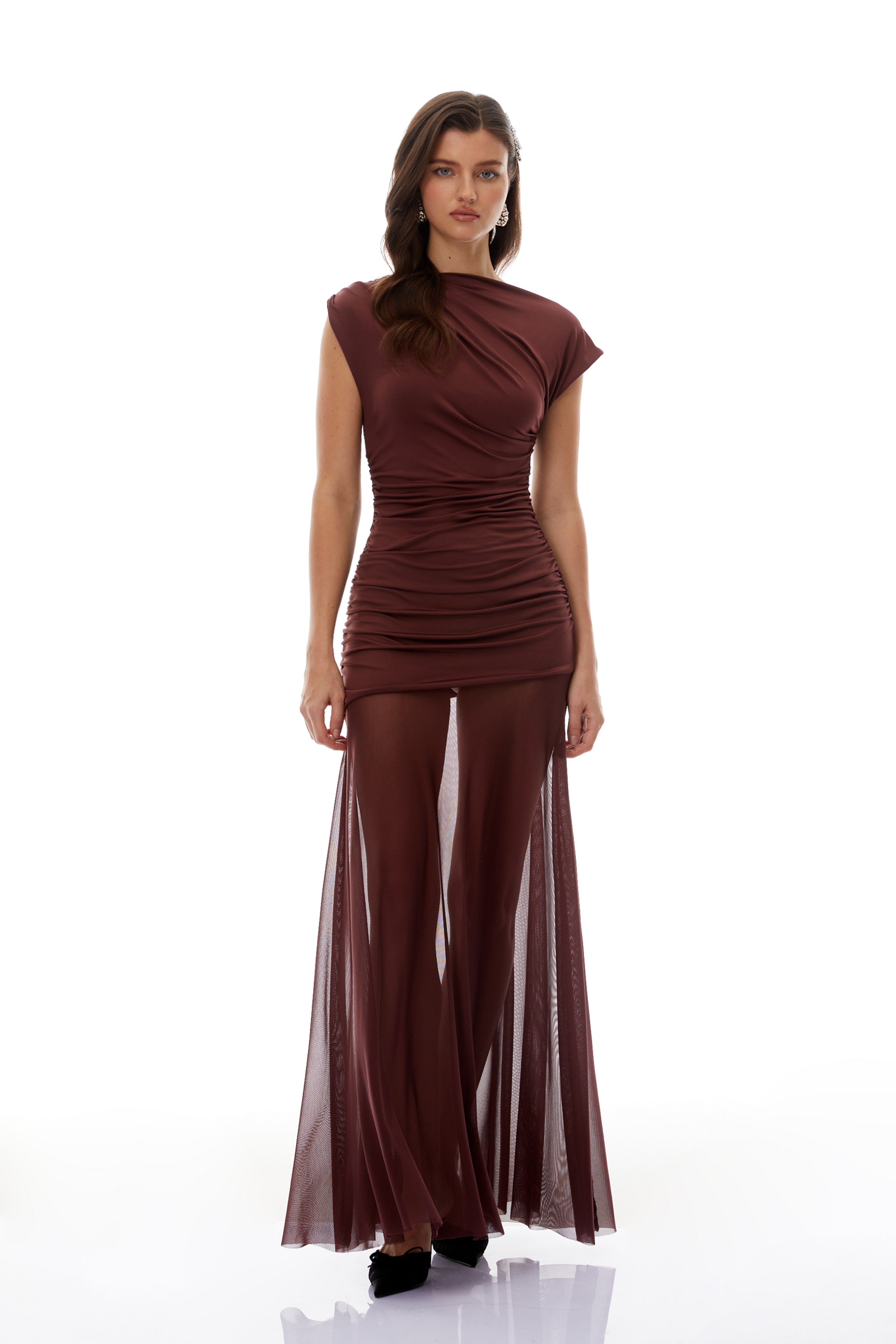 Seren Brown Ruched Tulle Panel Maxi Dress (Final Sale)