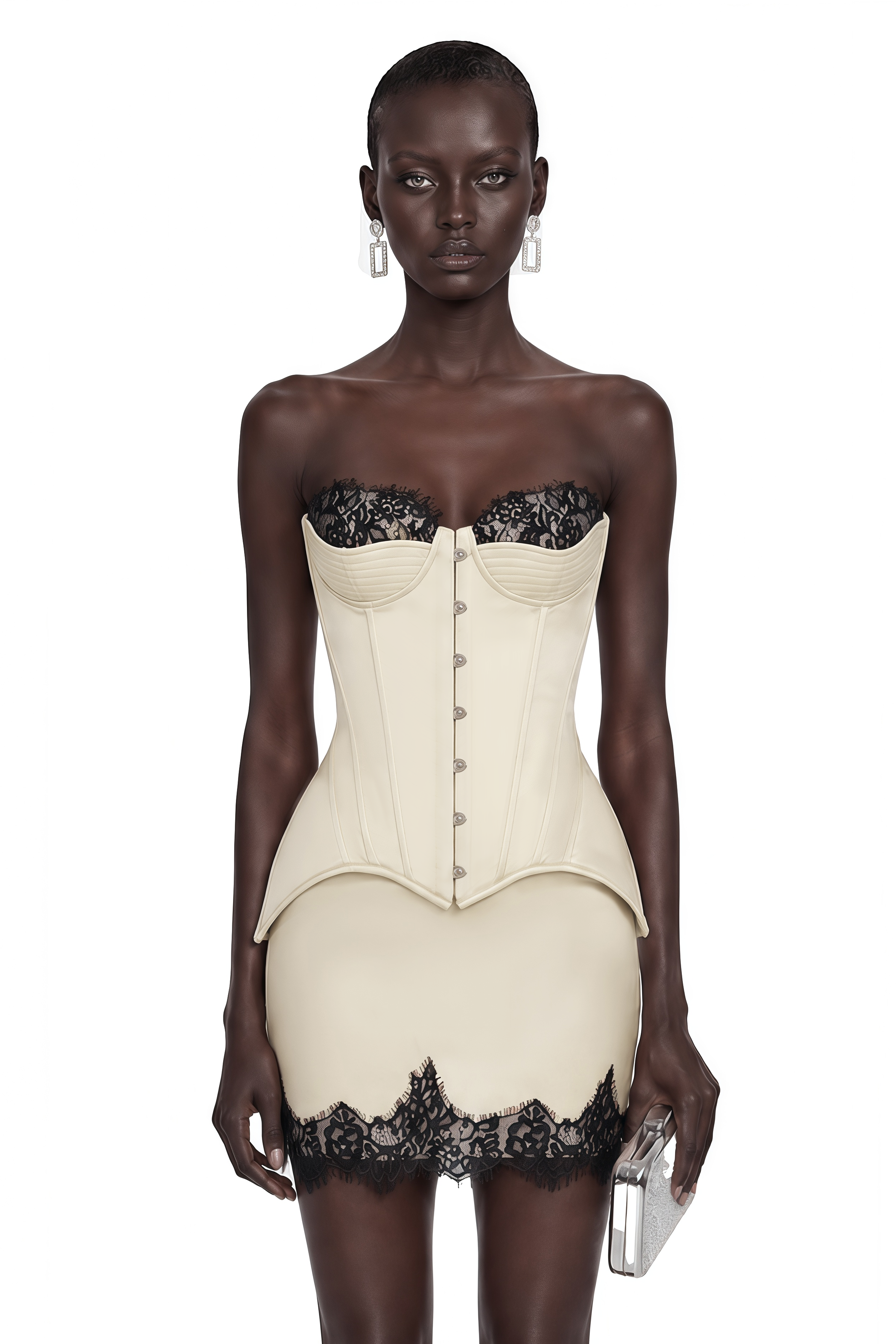 Cream strapless mini dress with a peplum corset and black lace trim