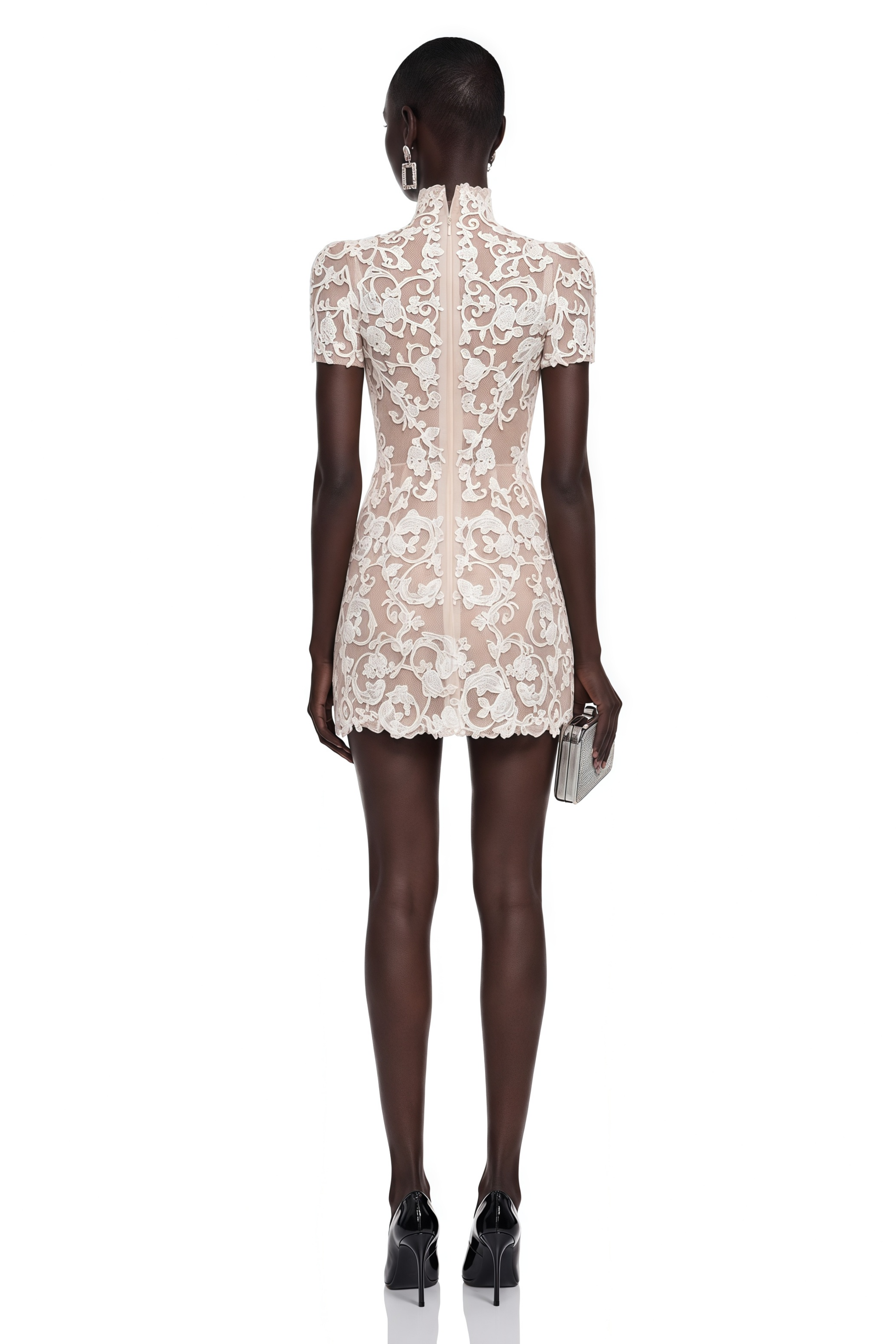Cream lace high-neck mini dress with short sleeves and front black bow details