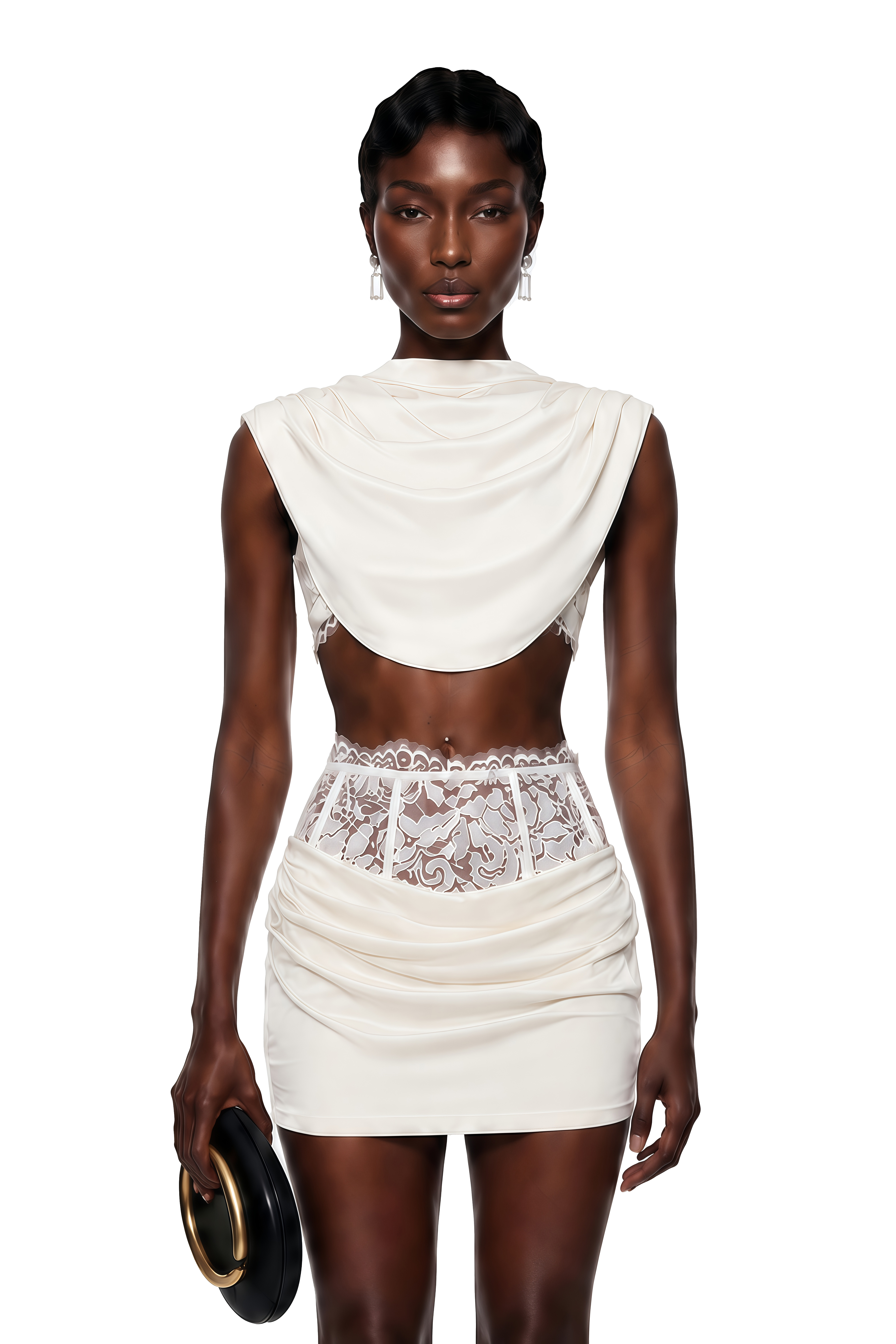 White satin two-piece mini dress with a draped cowl top and lace-corset waistband