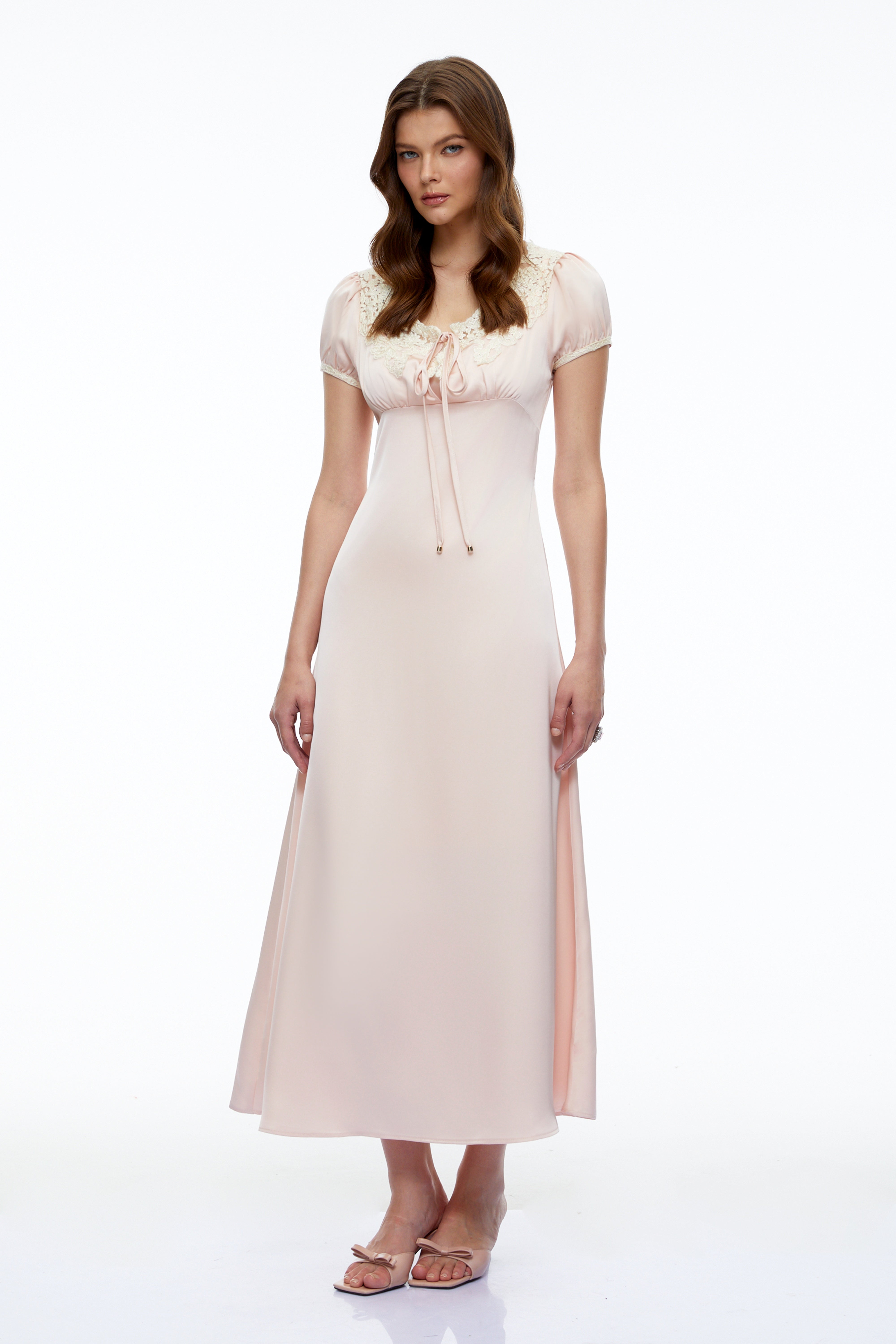 Sloane Pink Satin Midi Dress with Lace Collar
