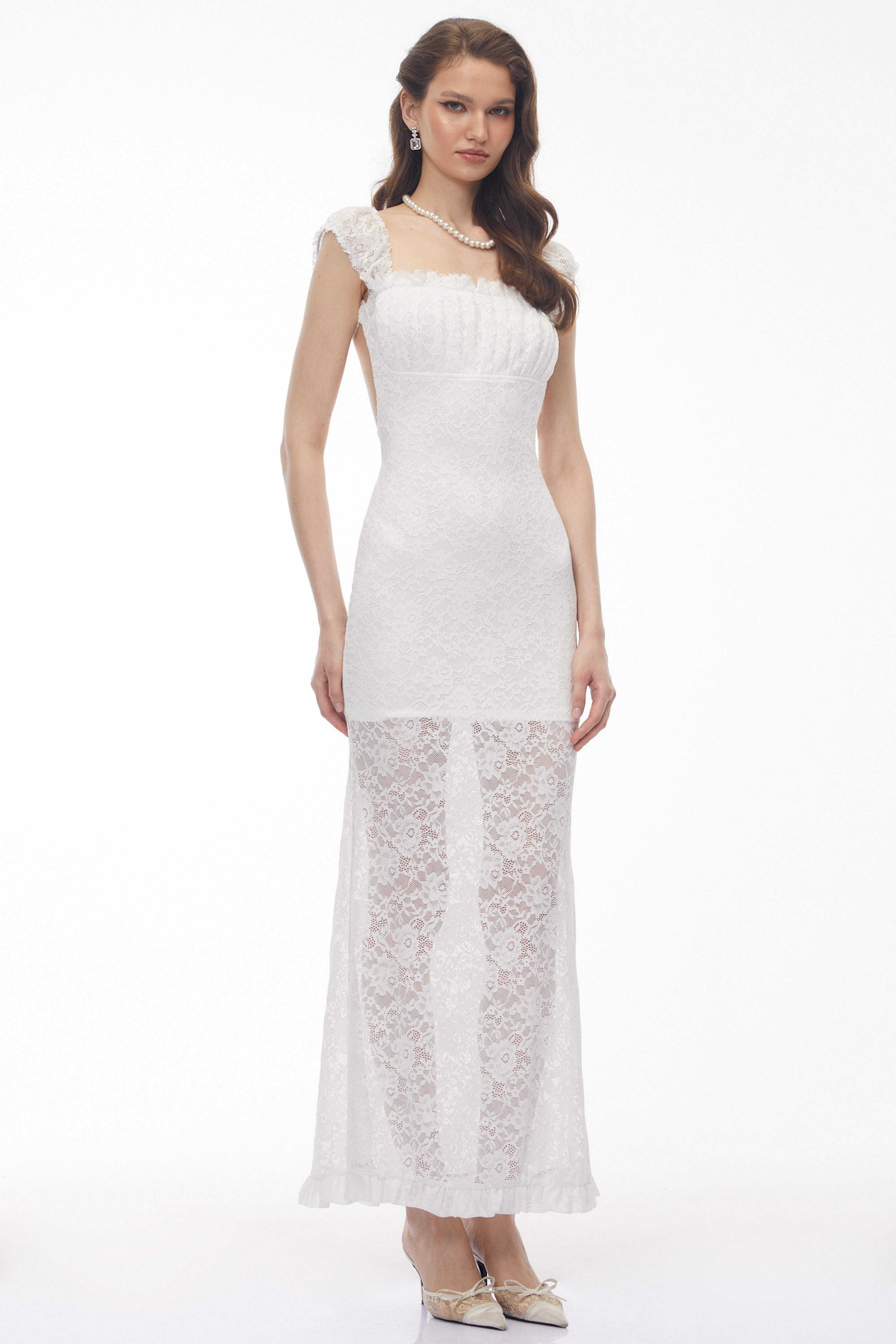 Snizhana White Ruffled Lace Fishtail Maxi Dress (Final Sale)