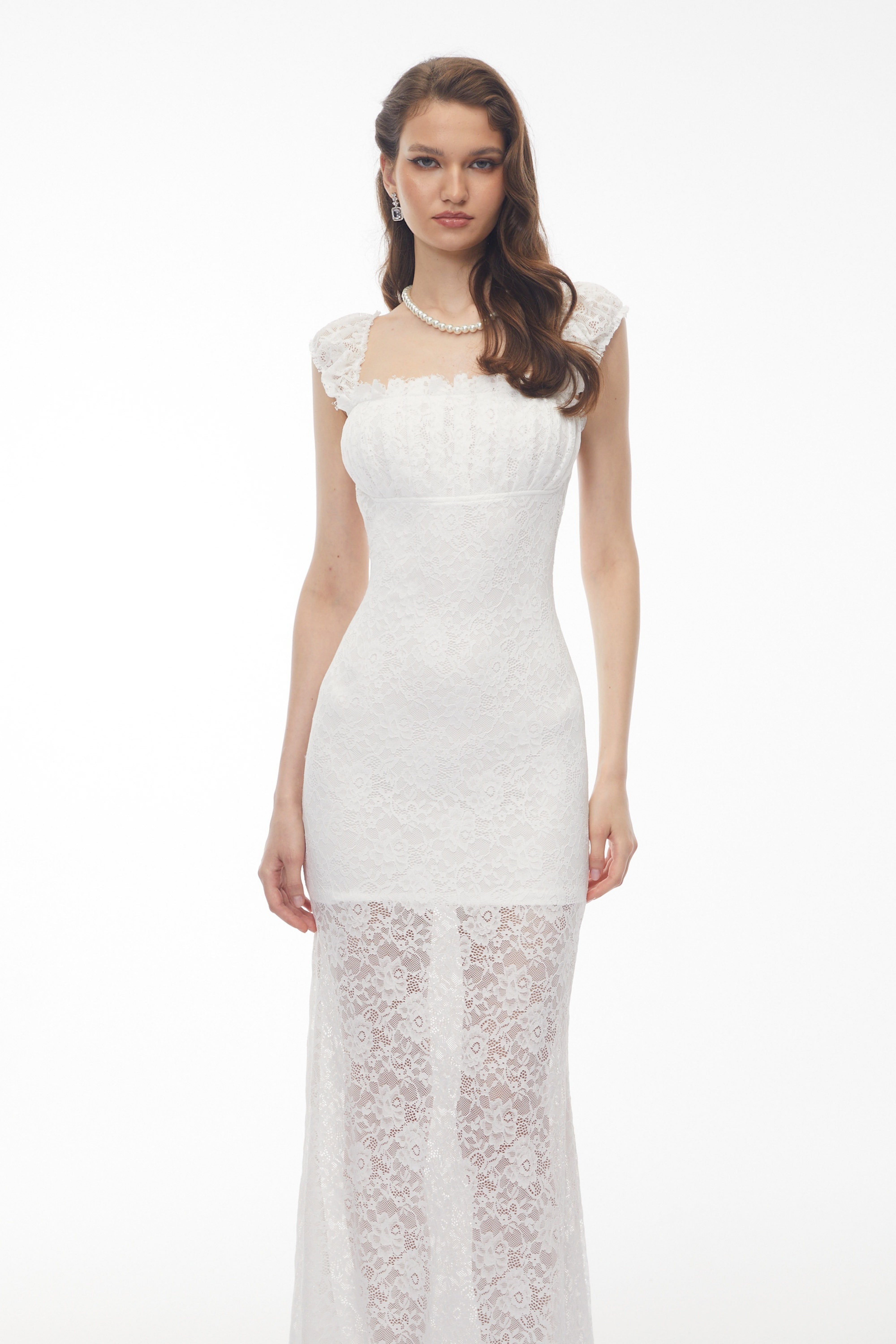 Snizhana White Ruffled Lace Fishtail Maxi Dress (Final Sale)