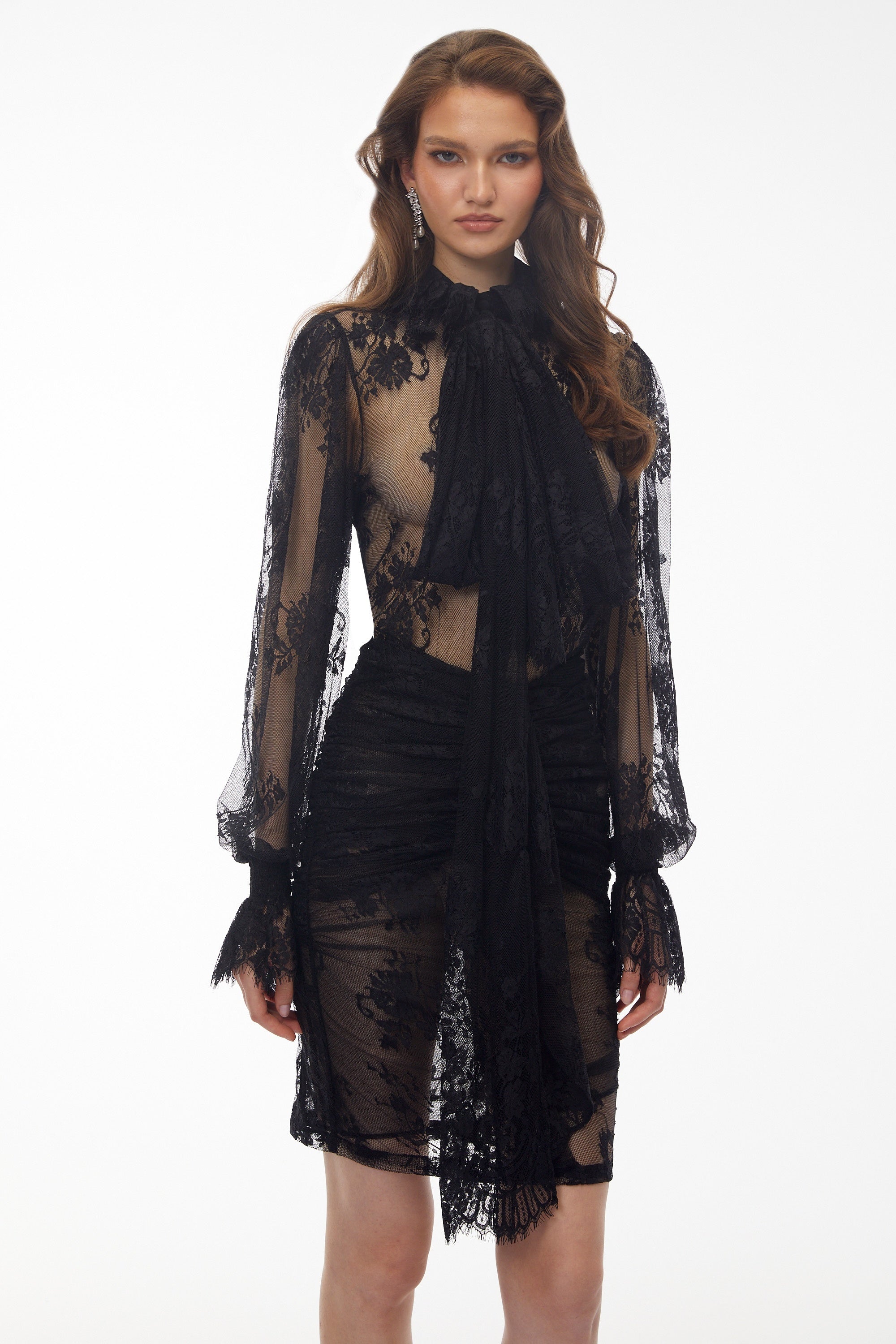 Sofia Black Semi-Sheer Floral Lace Blouse & Skirt Set (Final Sale)