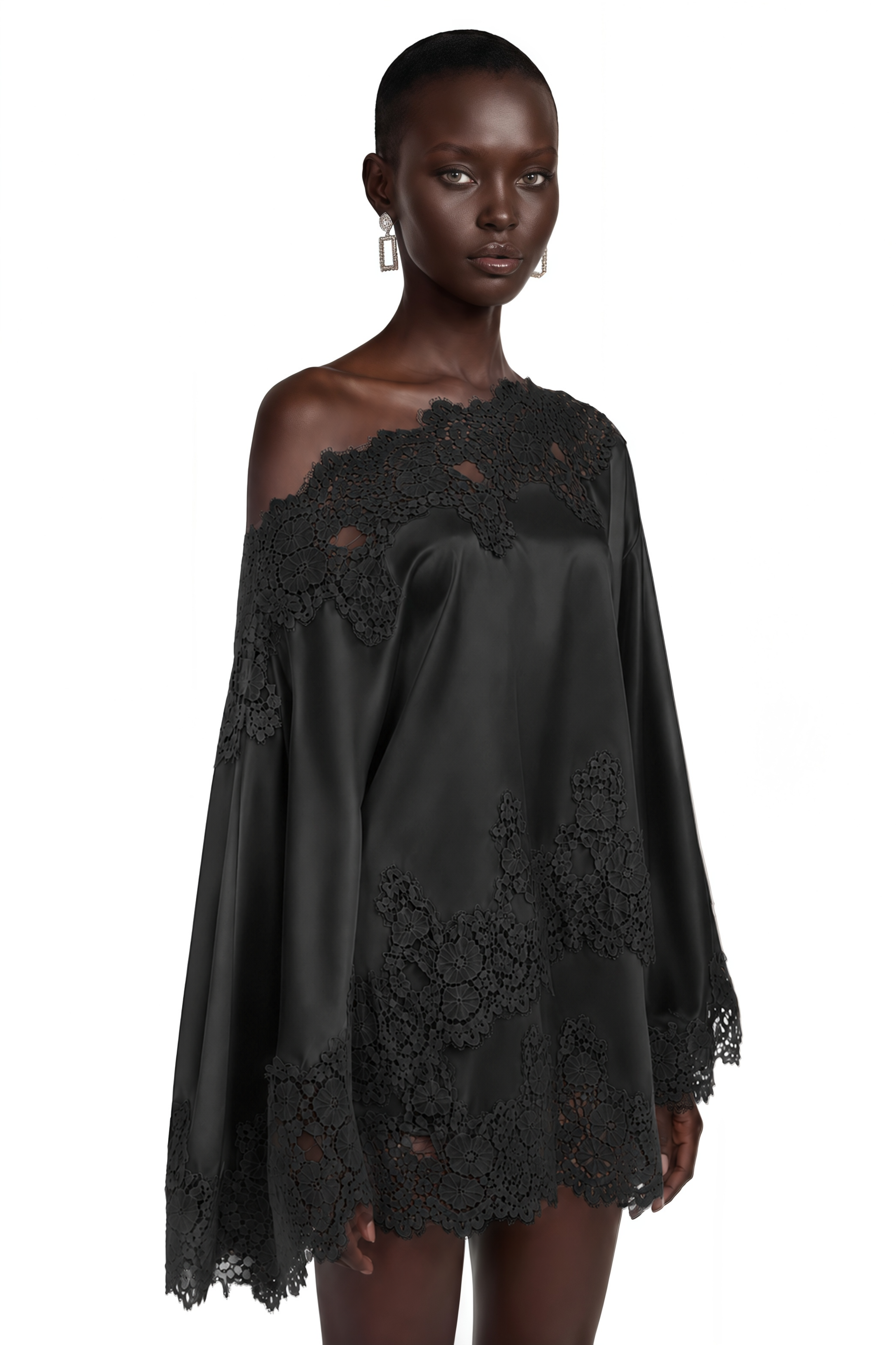 Sophia Black One Shoulder Top & Skirt Set with Black Lace Trim