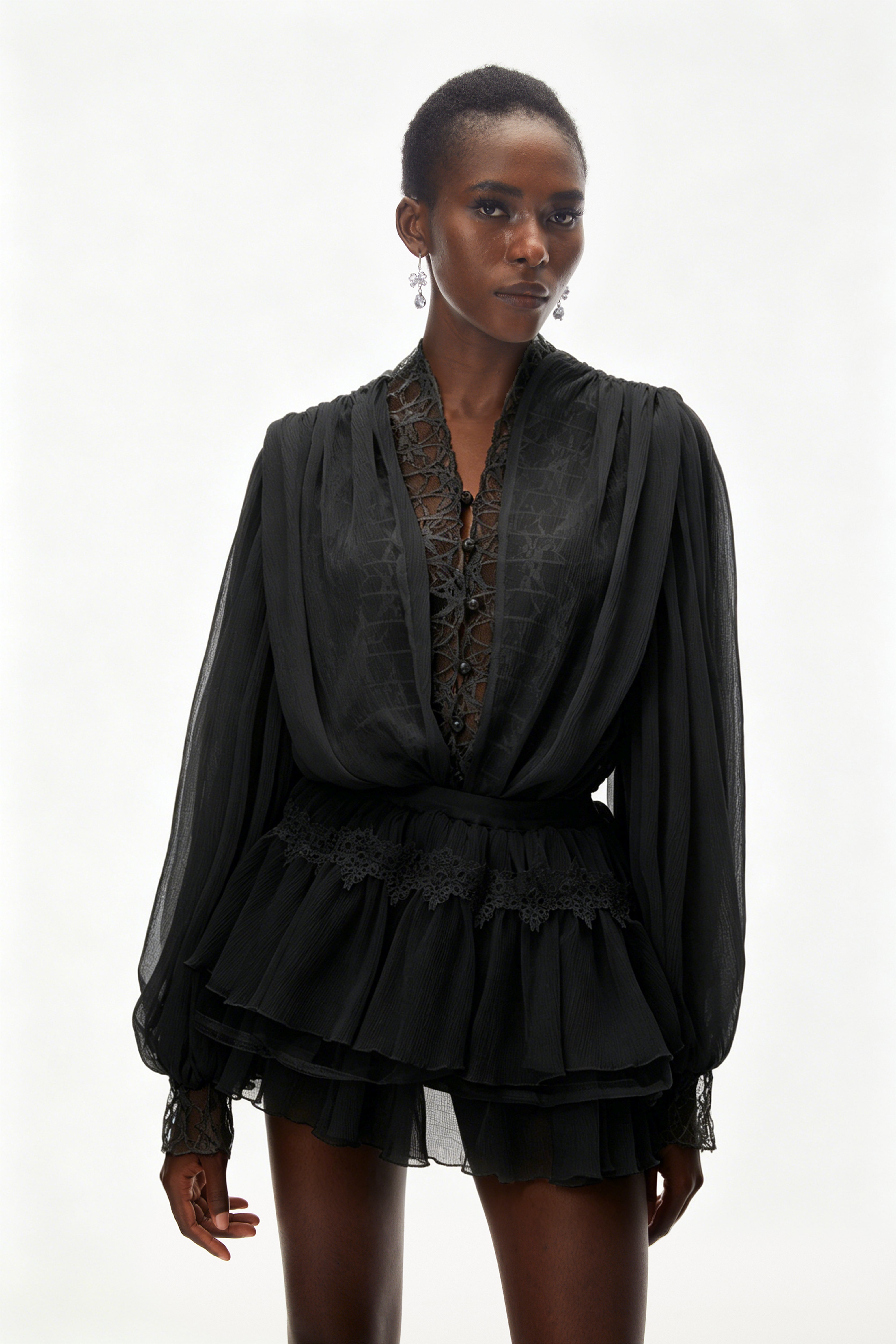 Black Sheer Lace Lantern Sleeve Layered Mini Dress