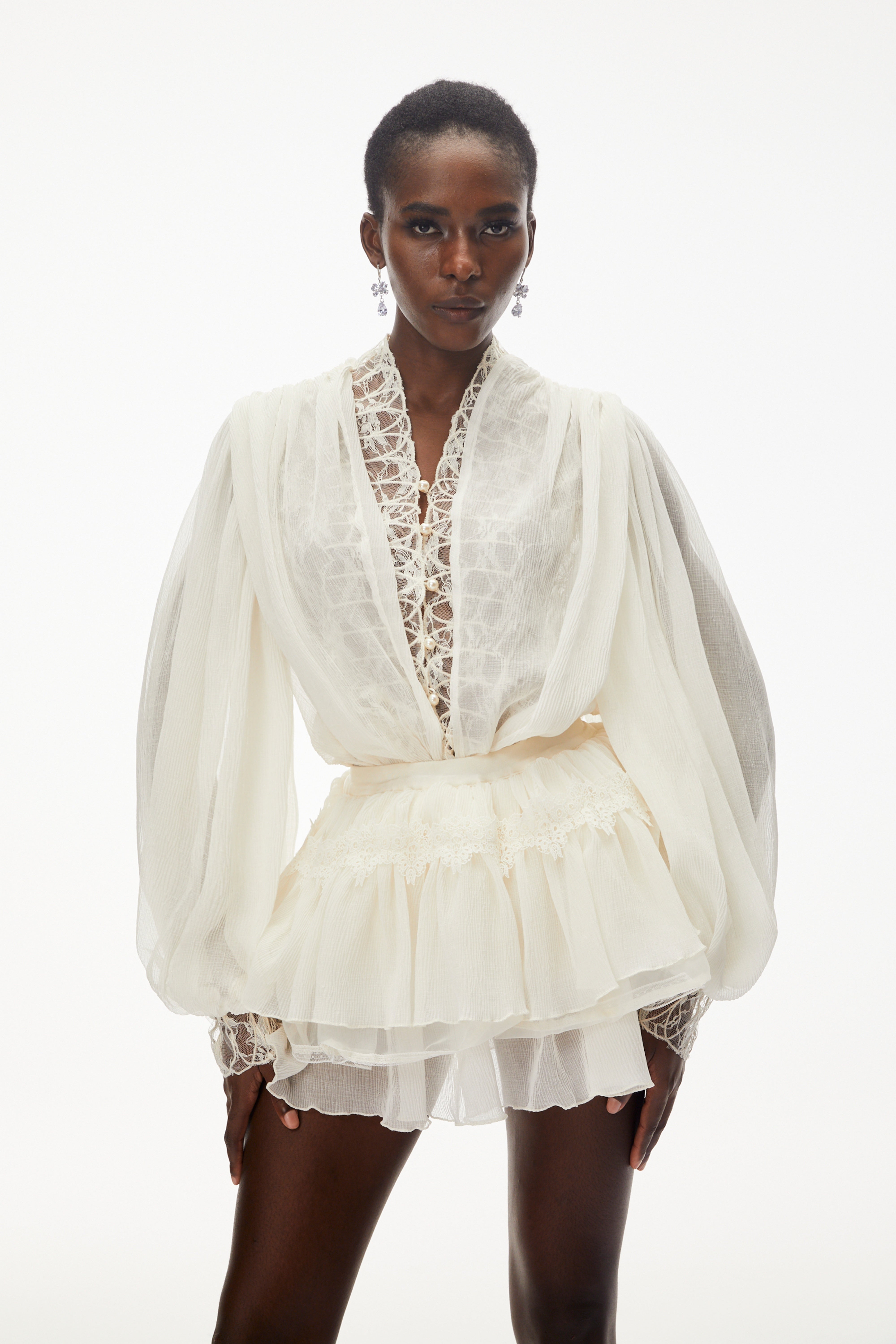 White Lace Pleated Mini Dress with Lantern Sleeves and Ruffles