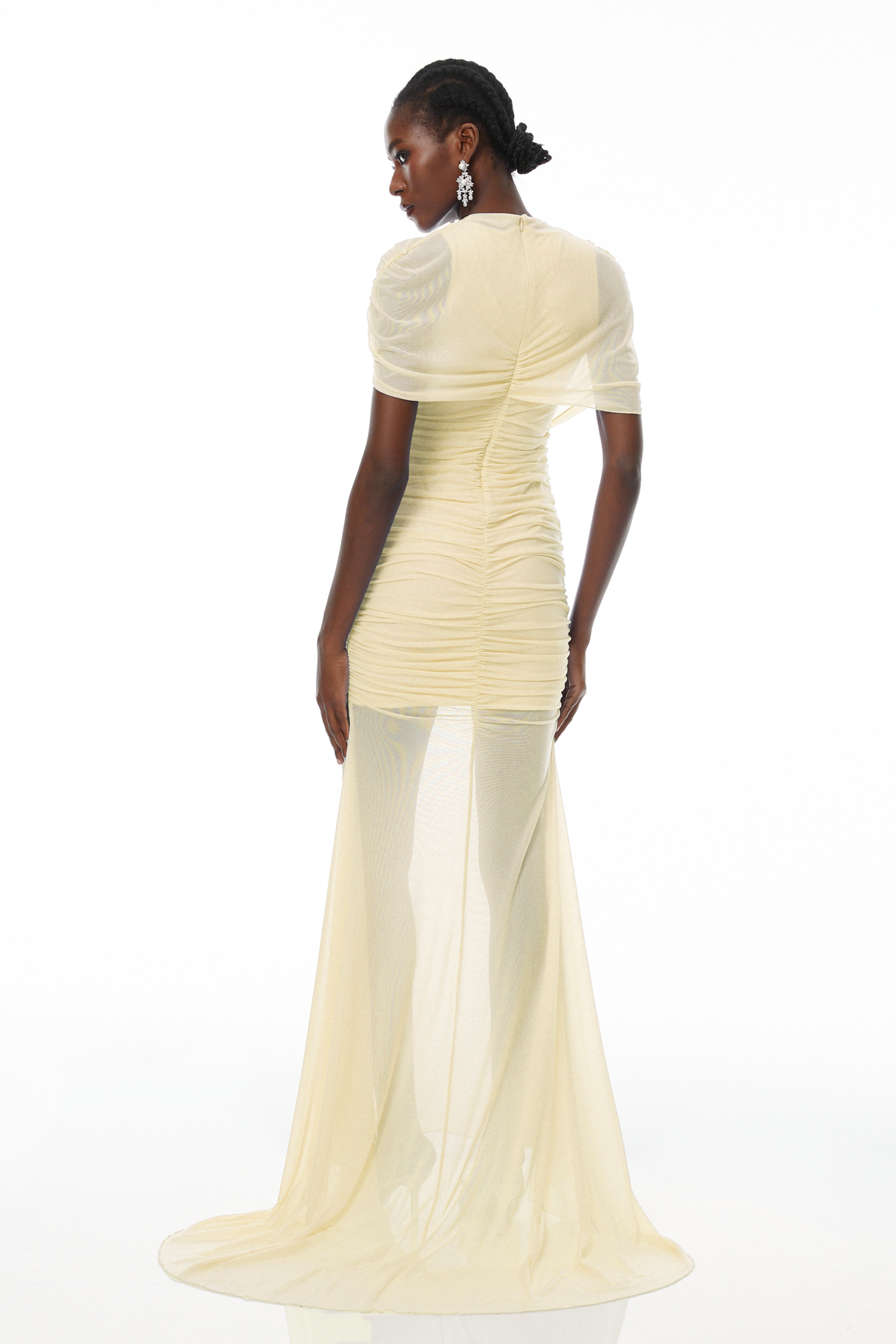 Sylphe Yellow Asymmetrical Ruched Mesh Maxi Dress (Final Sale)