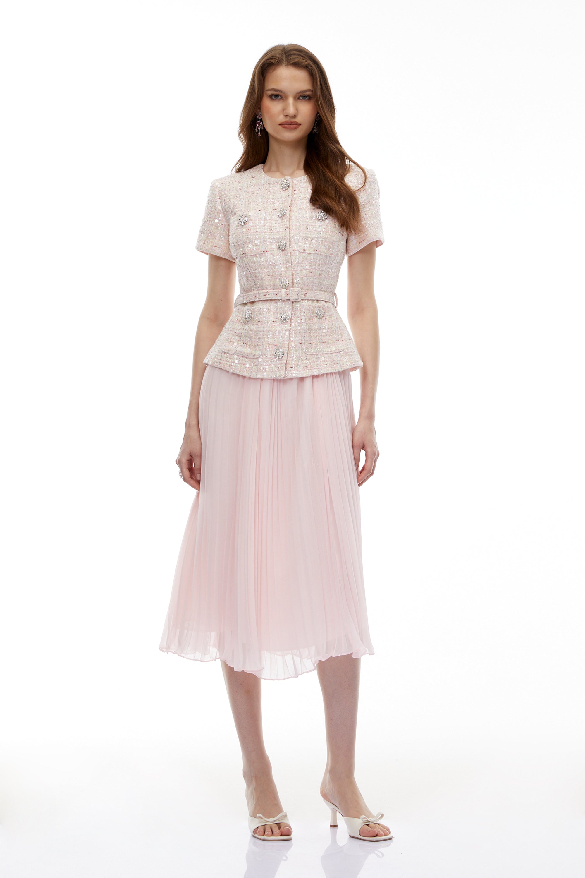 Tahmineh Pink Tweed Pleated Midi Dress (Final Sale-US Only)