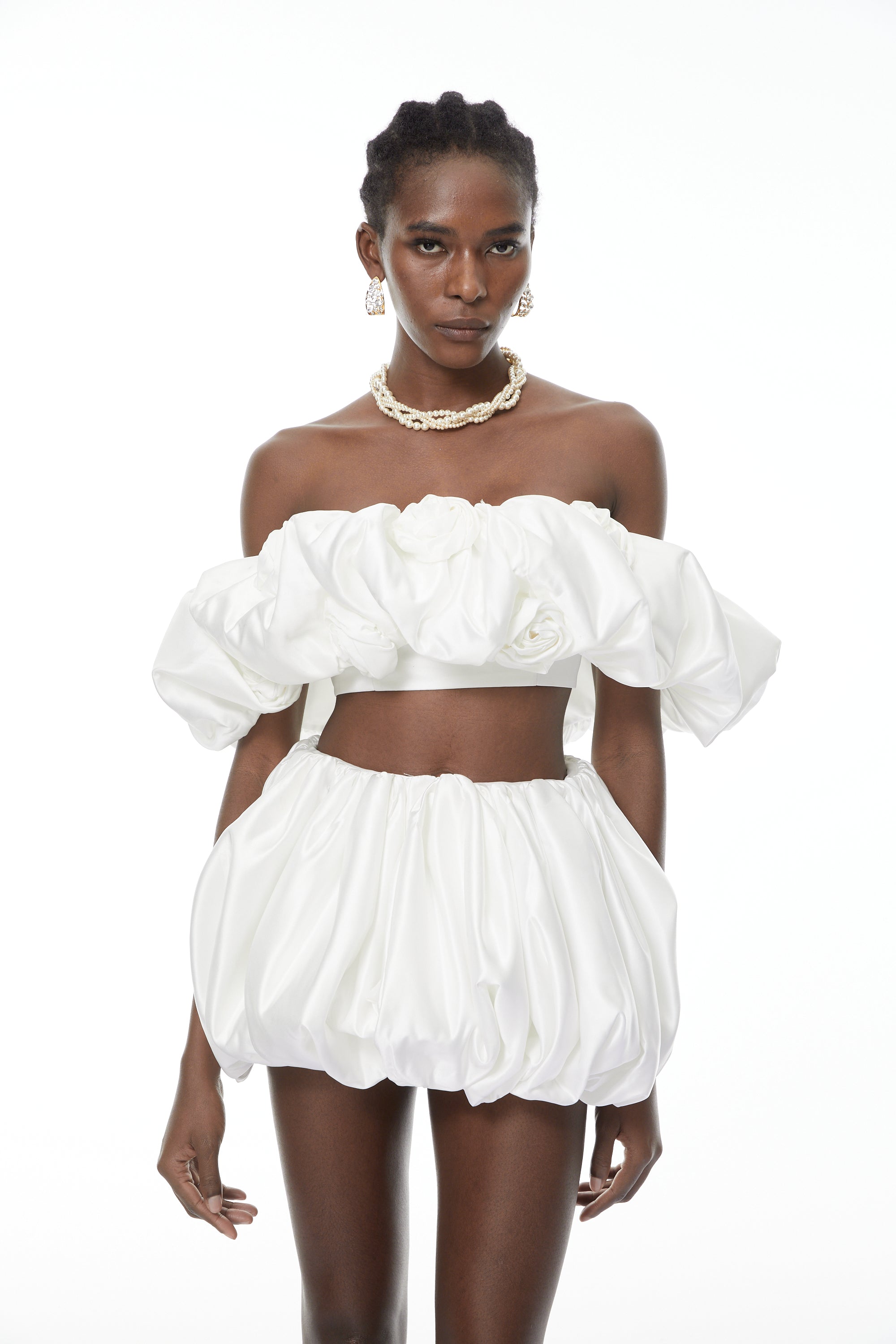 Tiffany White Top & Bubble Short Set with 3D Petals (Final Sale)