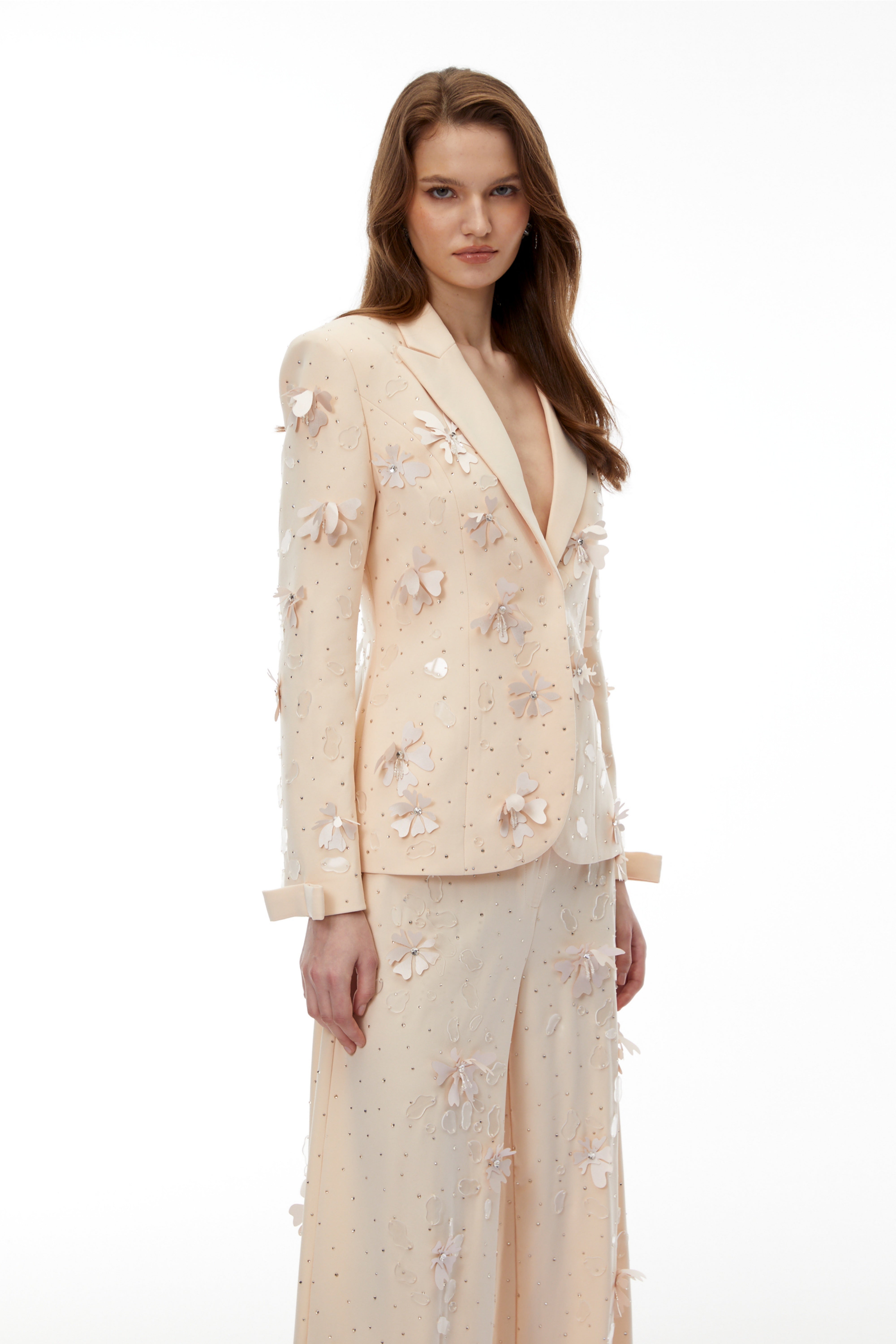Titania Neutral 3D-Floral Beaded Jacket & Trousers Set (Final Sale)
