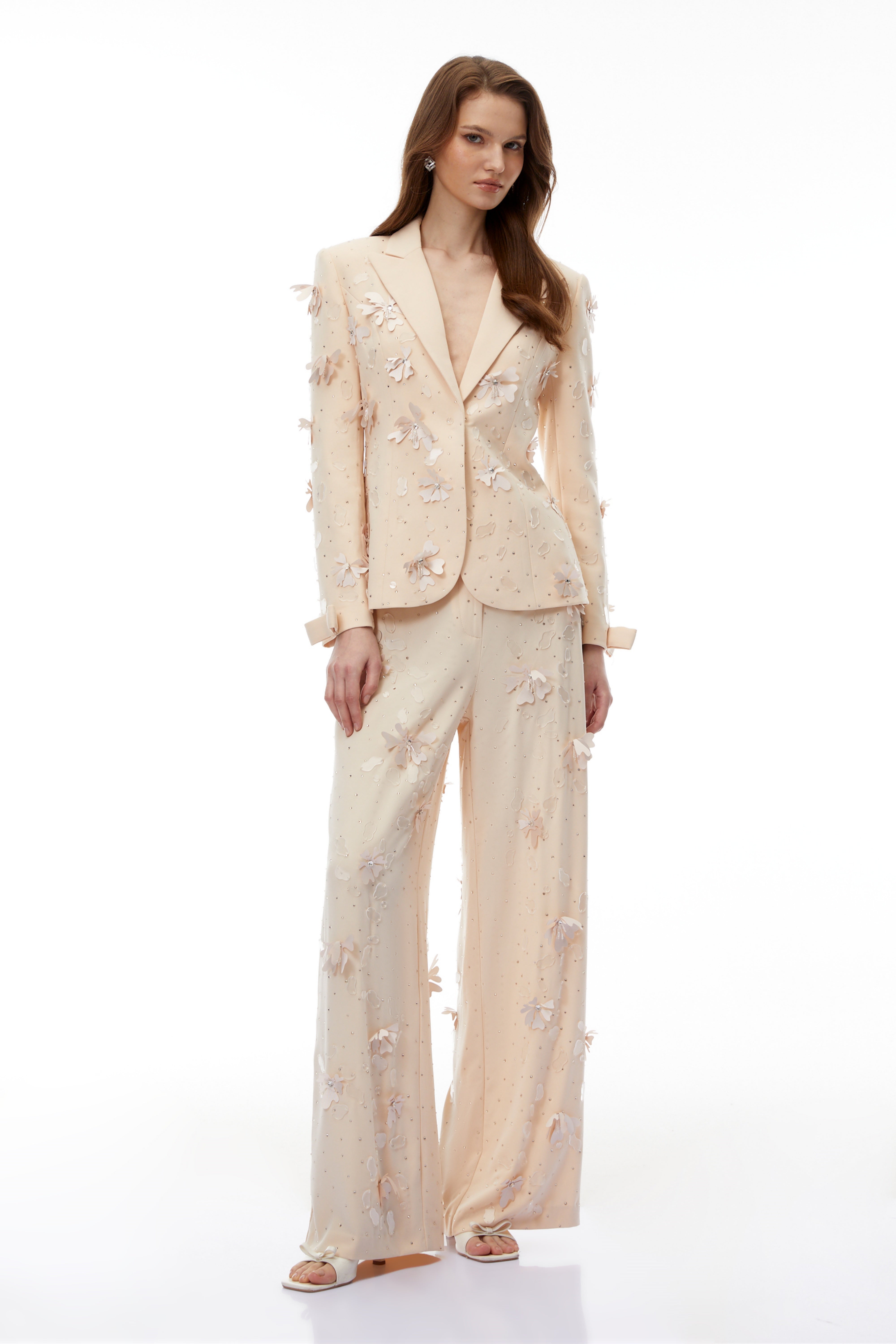 Titania Neutral 3D-Floral Beaded Jacket & Trousers Set (Final Sale)