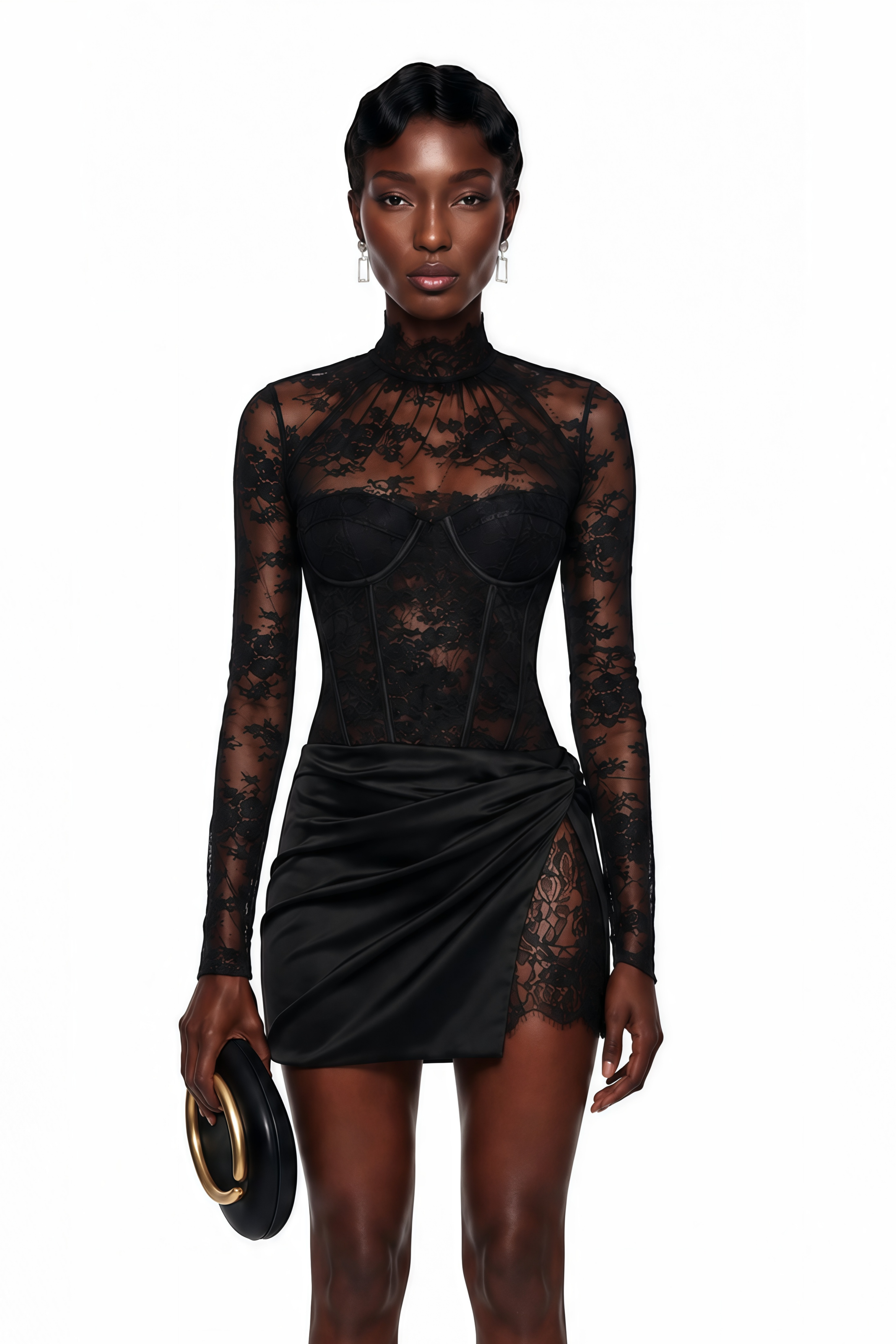Black long-sleeve lace mini dress with a high-neck corset bodice and draped satin skirt
