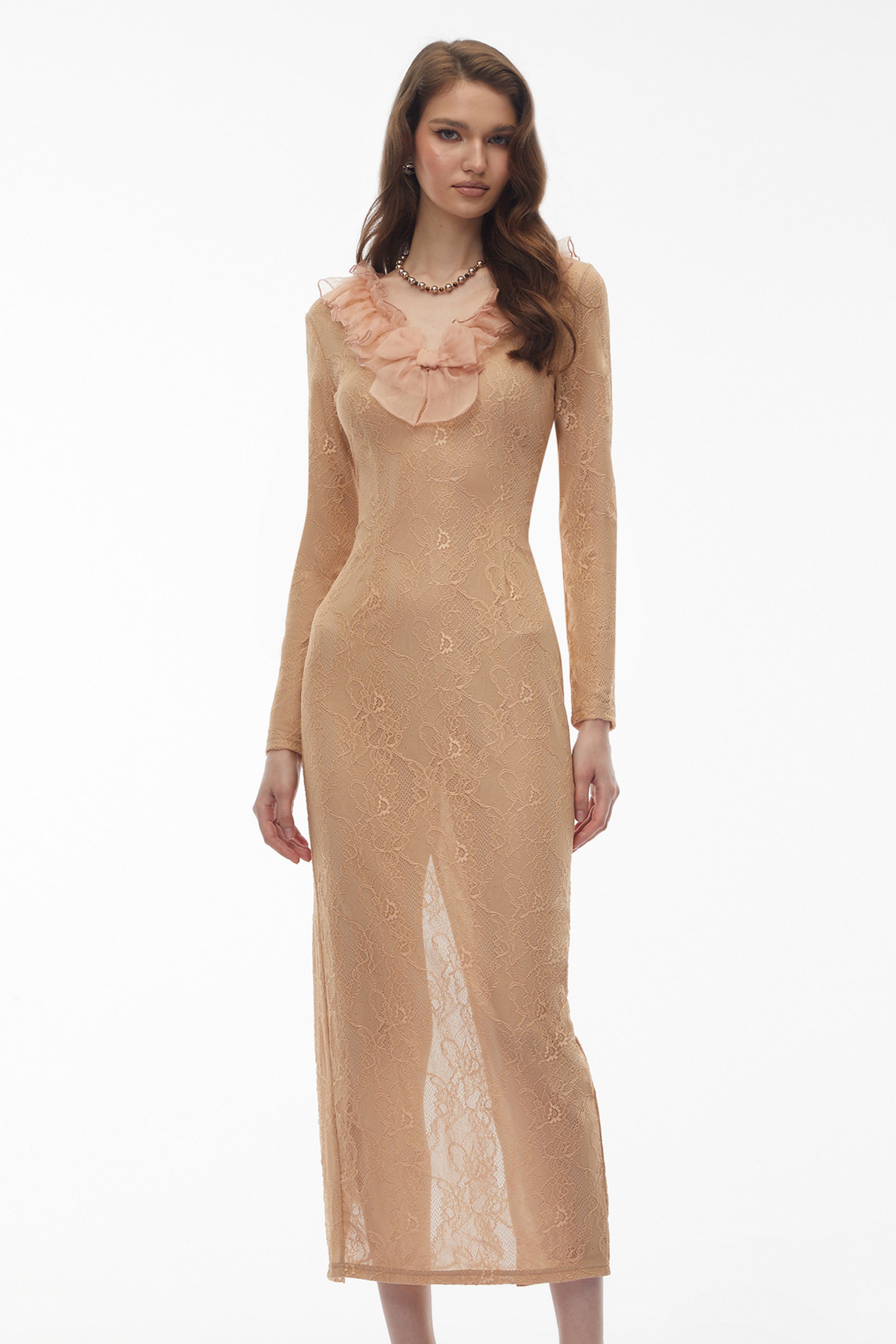 Vesna Neutral Ruffled Lace Midi Dress (Final Sale)