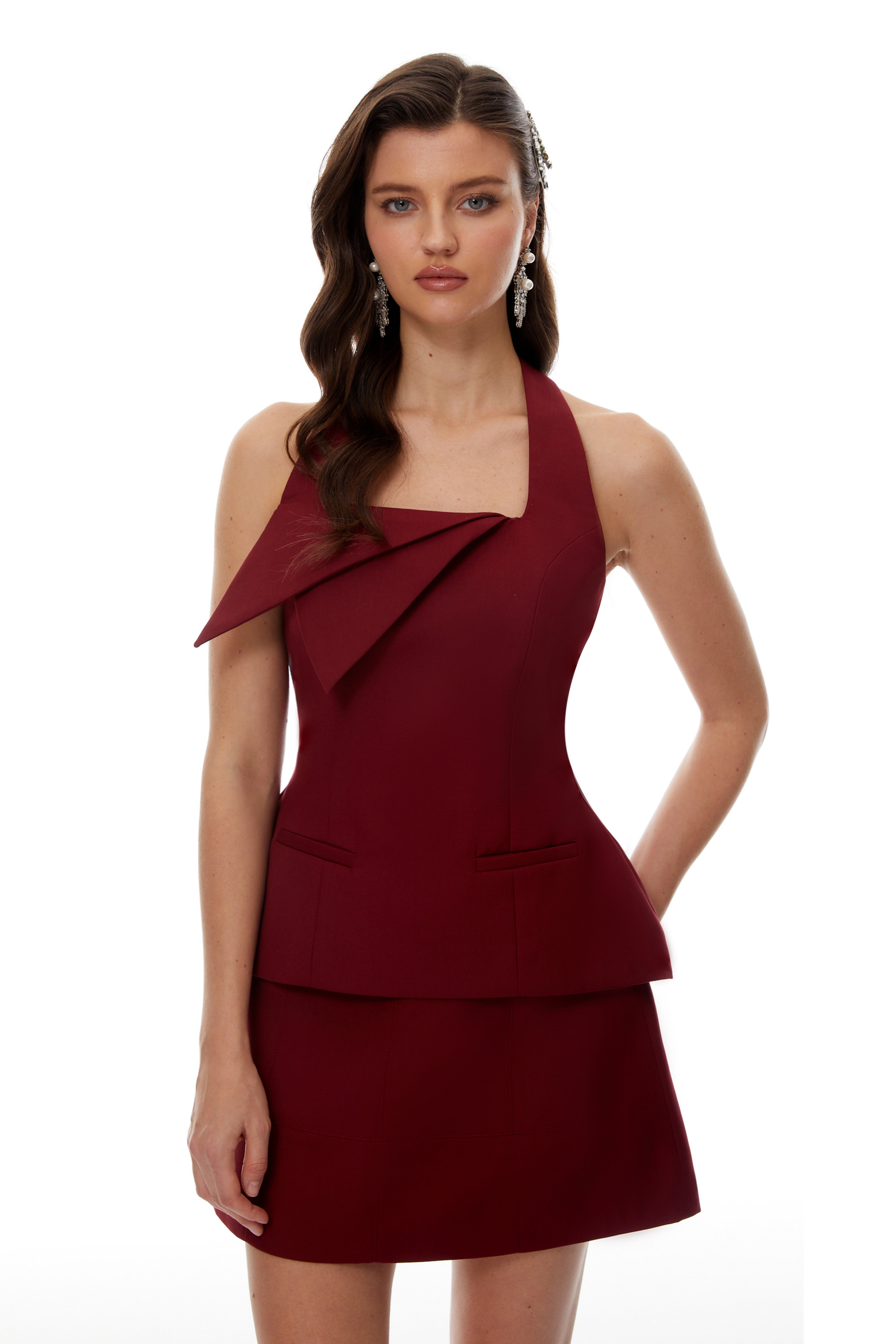 Victoria Burgundy Halterneck Top & Skirt Set (Final Sale)