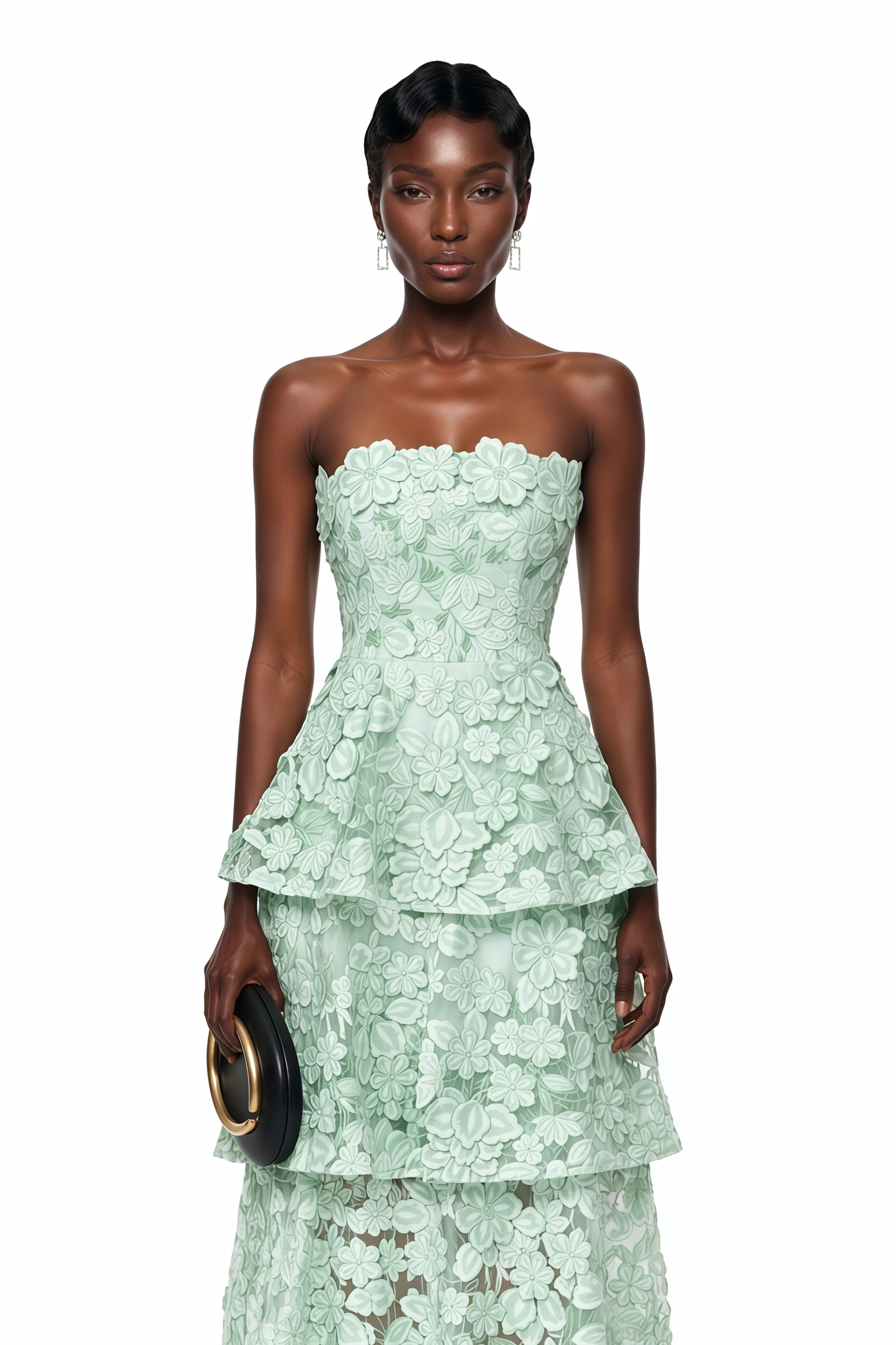Pale Green Strapless Tea-Length Dress with All-Over Floral Applique and Tiered Layers