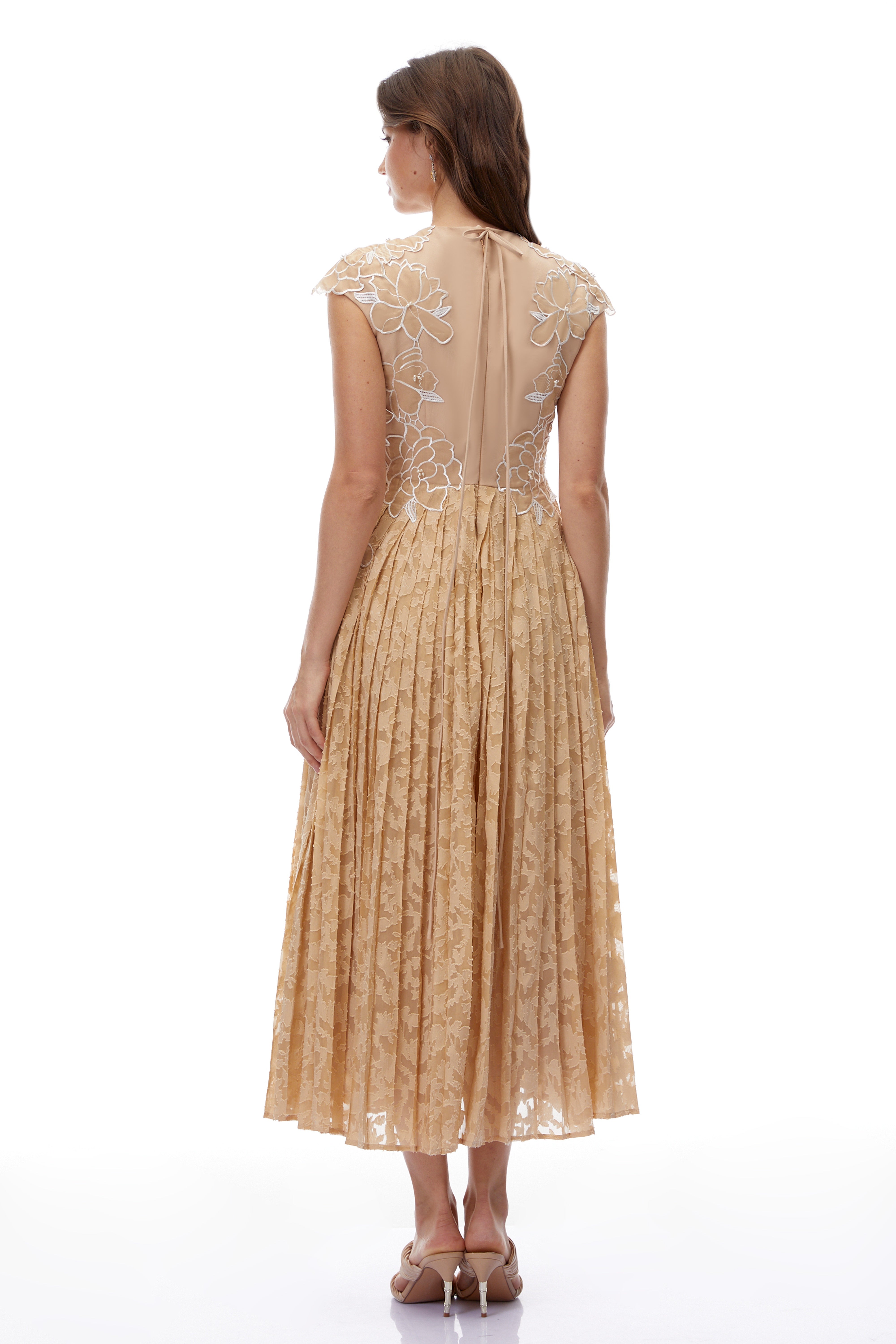 Vonda Neutral Floral Lace Pleated Midi Dress