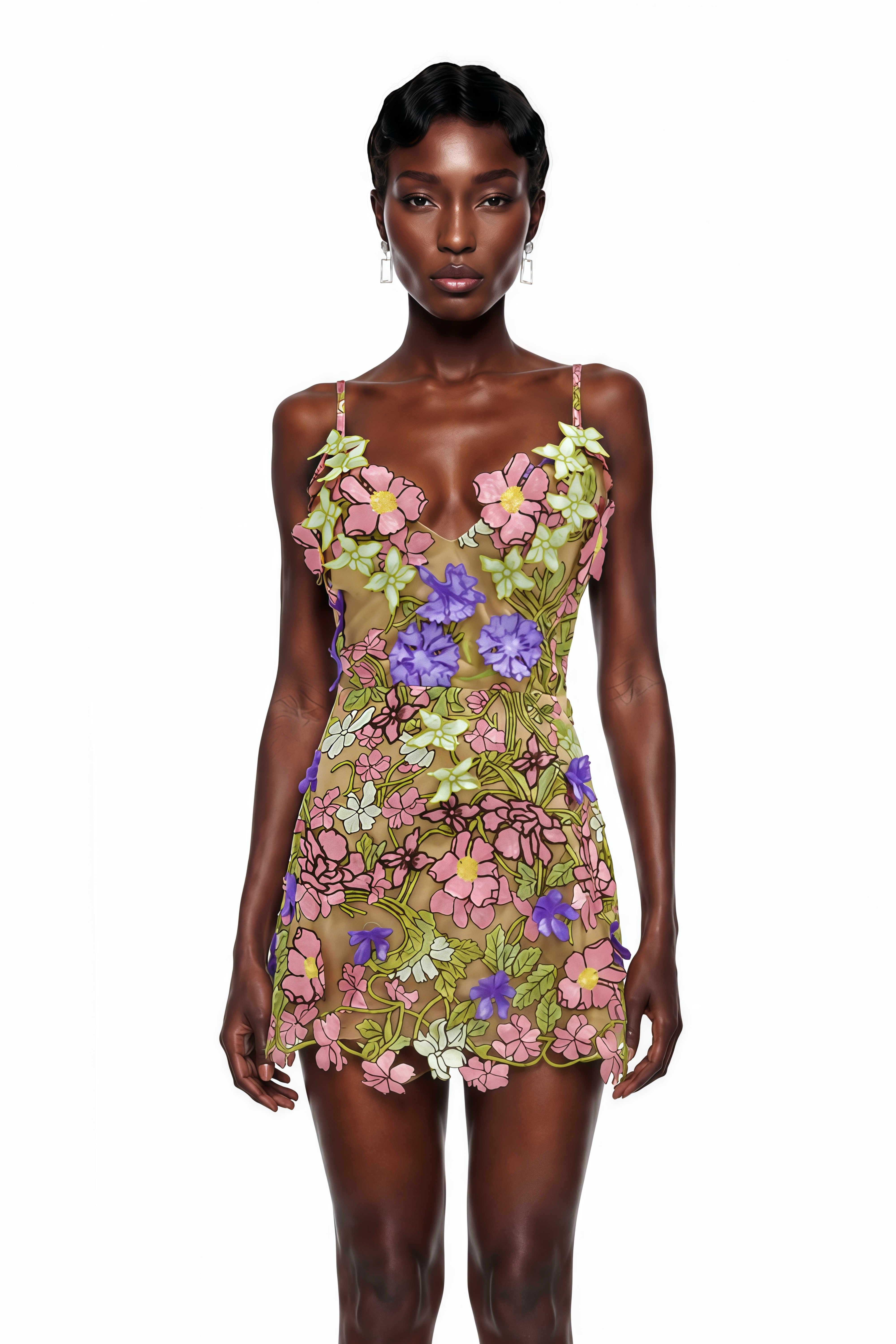 Wakatipu Green V-Neck Mini Dress with 3D Florals (Final Sale-US Only)
