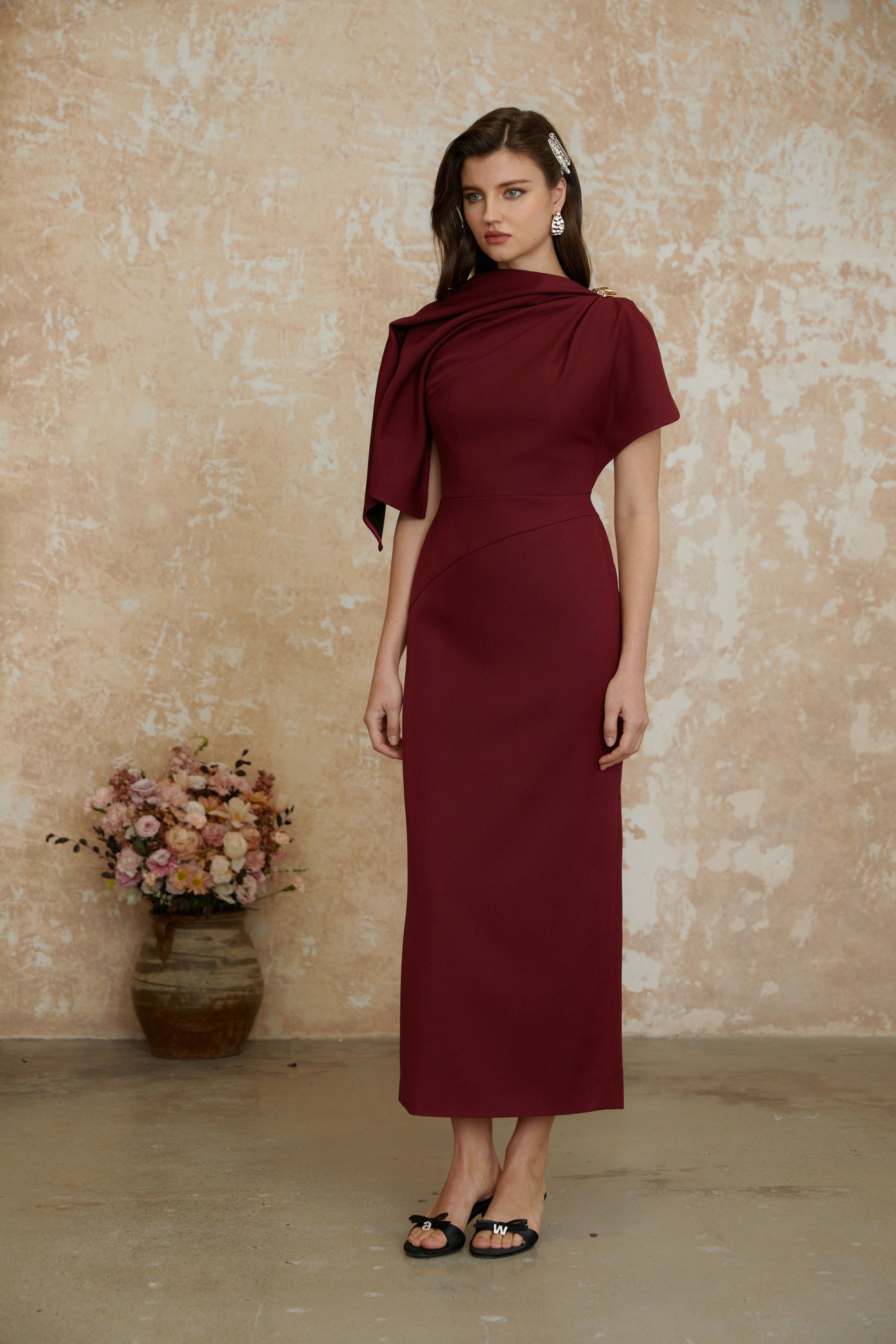 Wren Burgundy Asymmetrical Cape Maxi Dress (Final Sale-US Only)