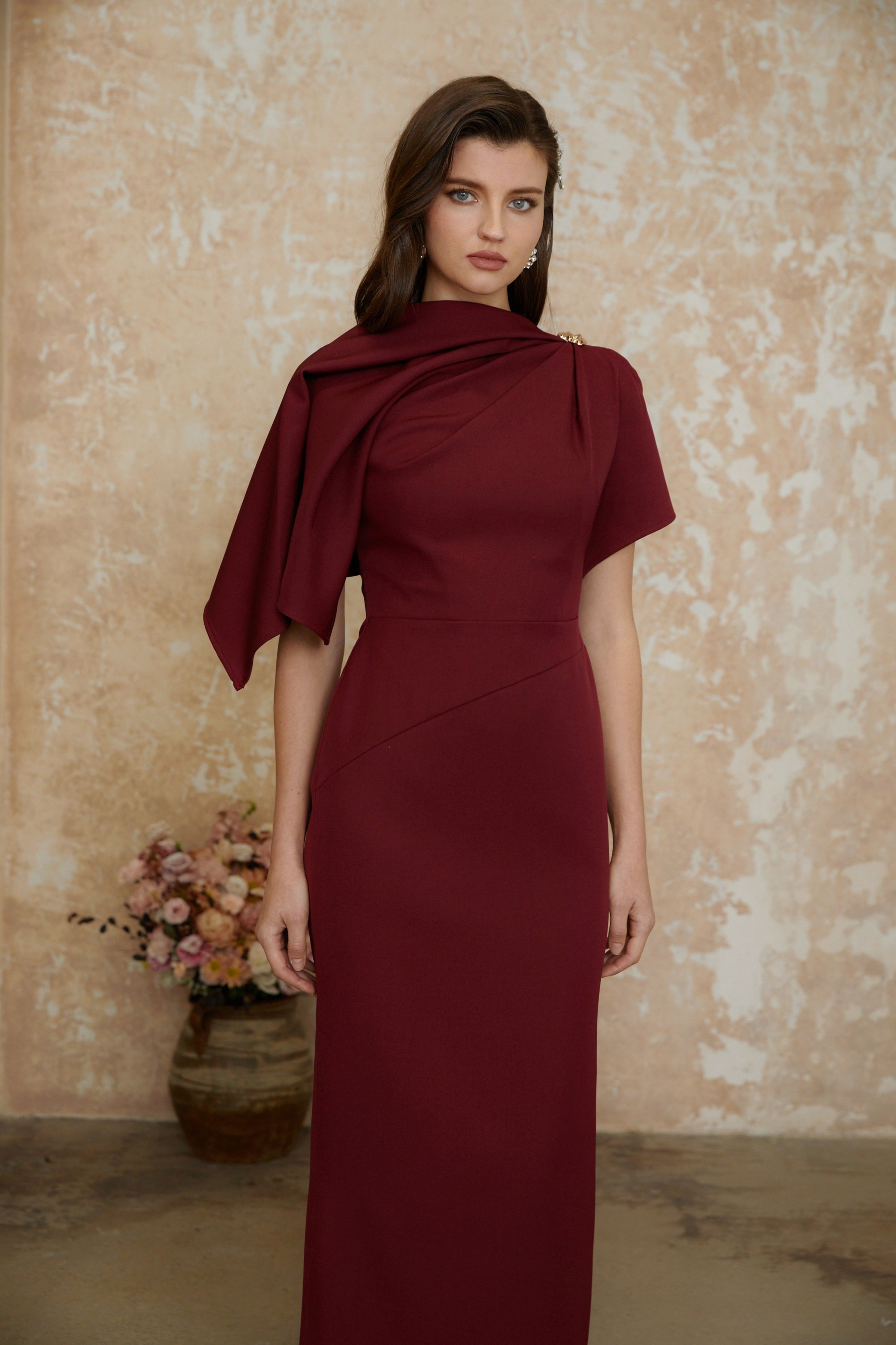 Wren Burgundy Asymmetrical Cape Maxi Dress (Final Sale-US Only)