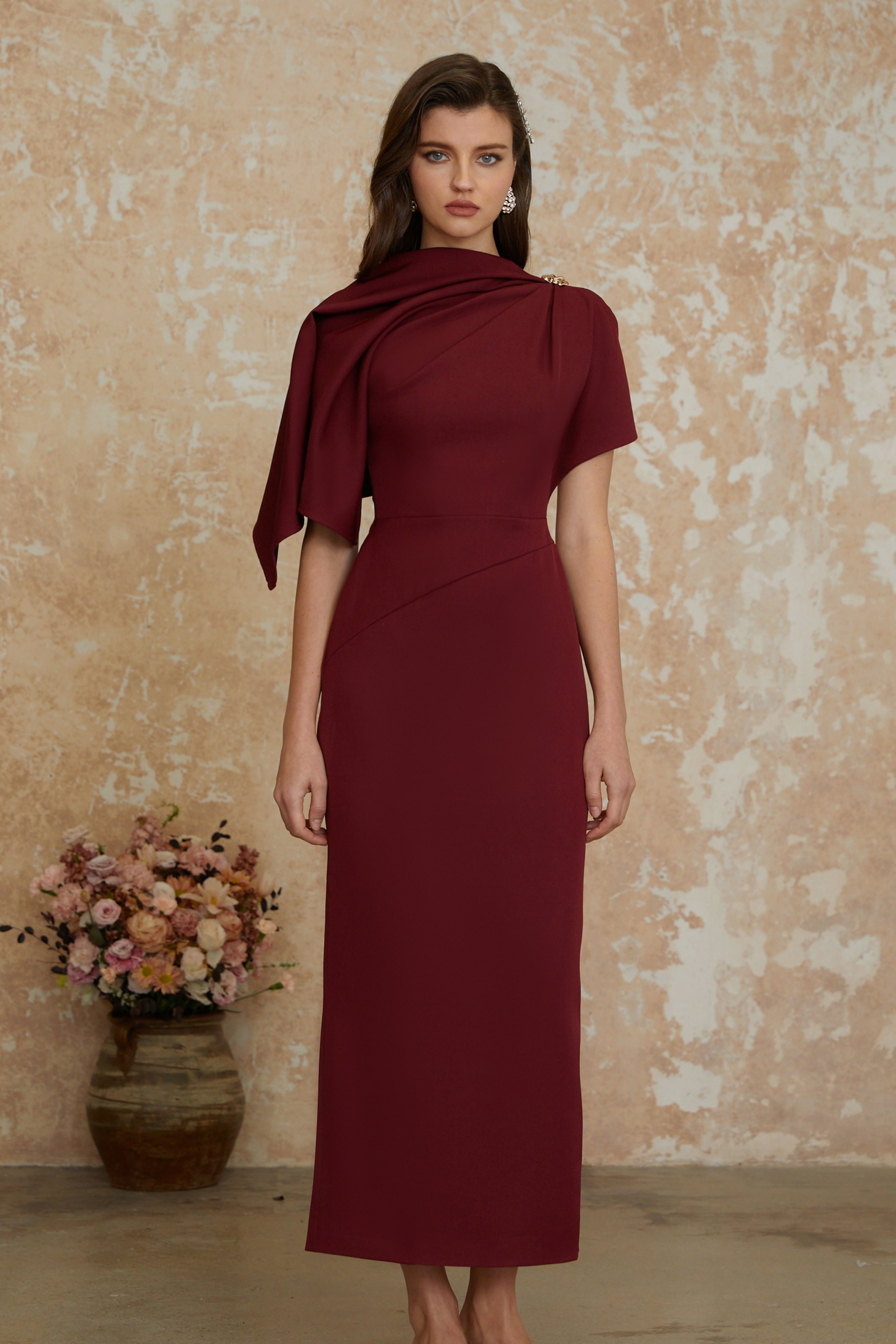 Wren Burgundy Asymmetrical Cape Maxi Dress (Final Sale-US Only)
