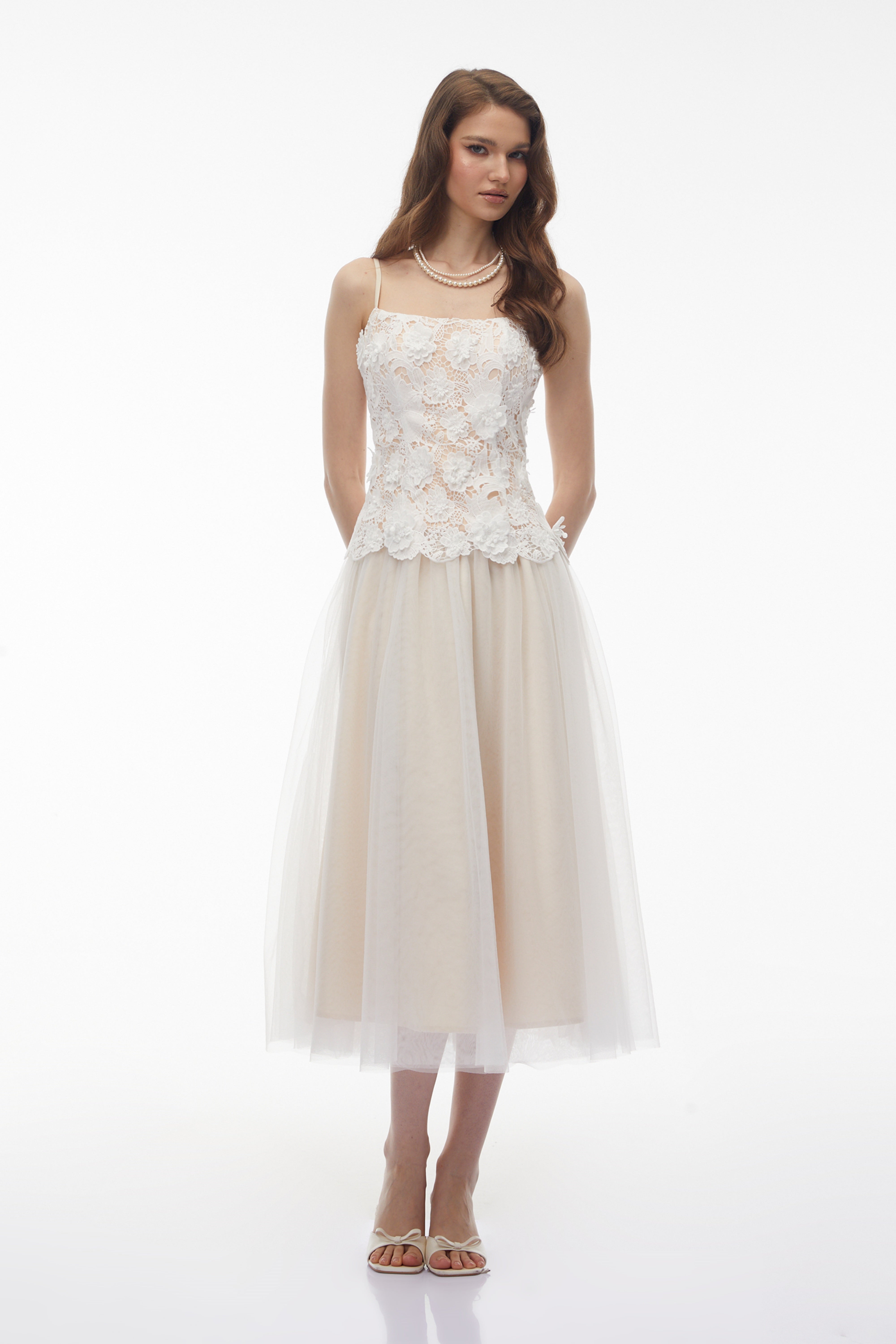 Yael White Lace Panel Tulle Midi Dress (Final Sale)
