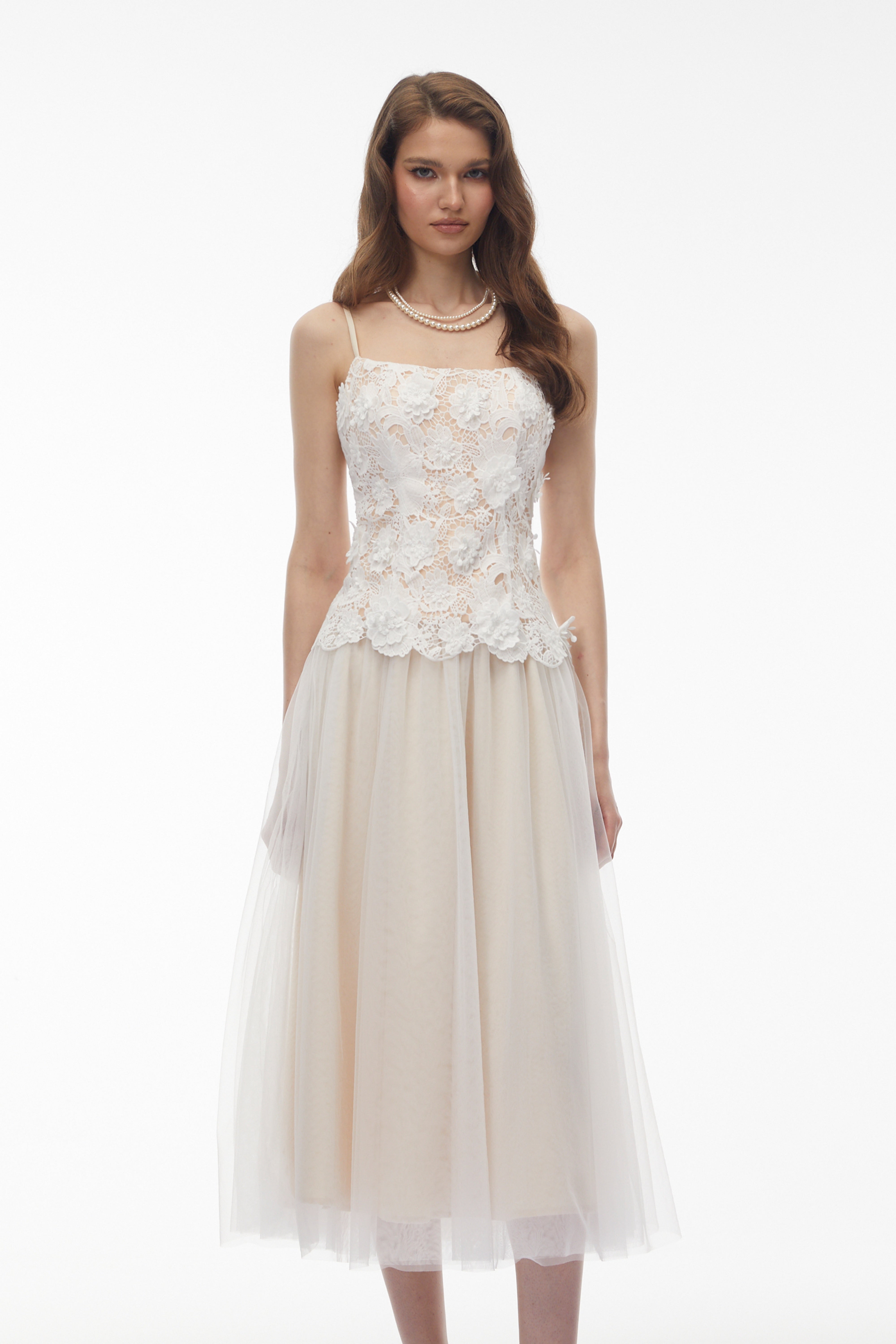 Yael White Lace Panel Tulle Midi Dress (Final Sale)