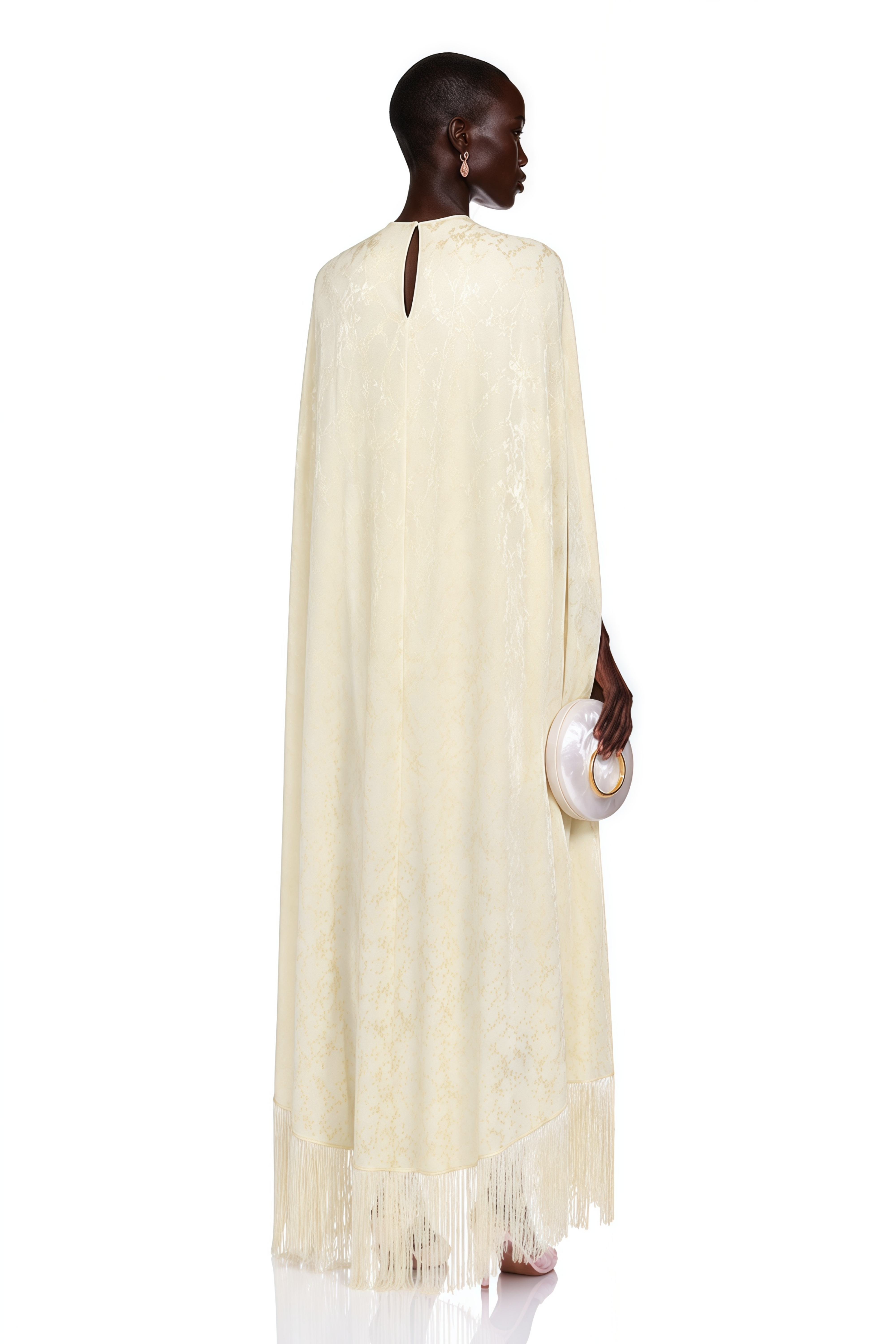 Yolanda Pale Yellow Maxi Dress with Cape Overlay and Fringe