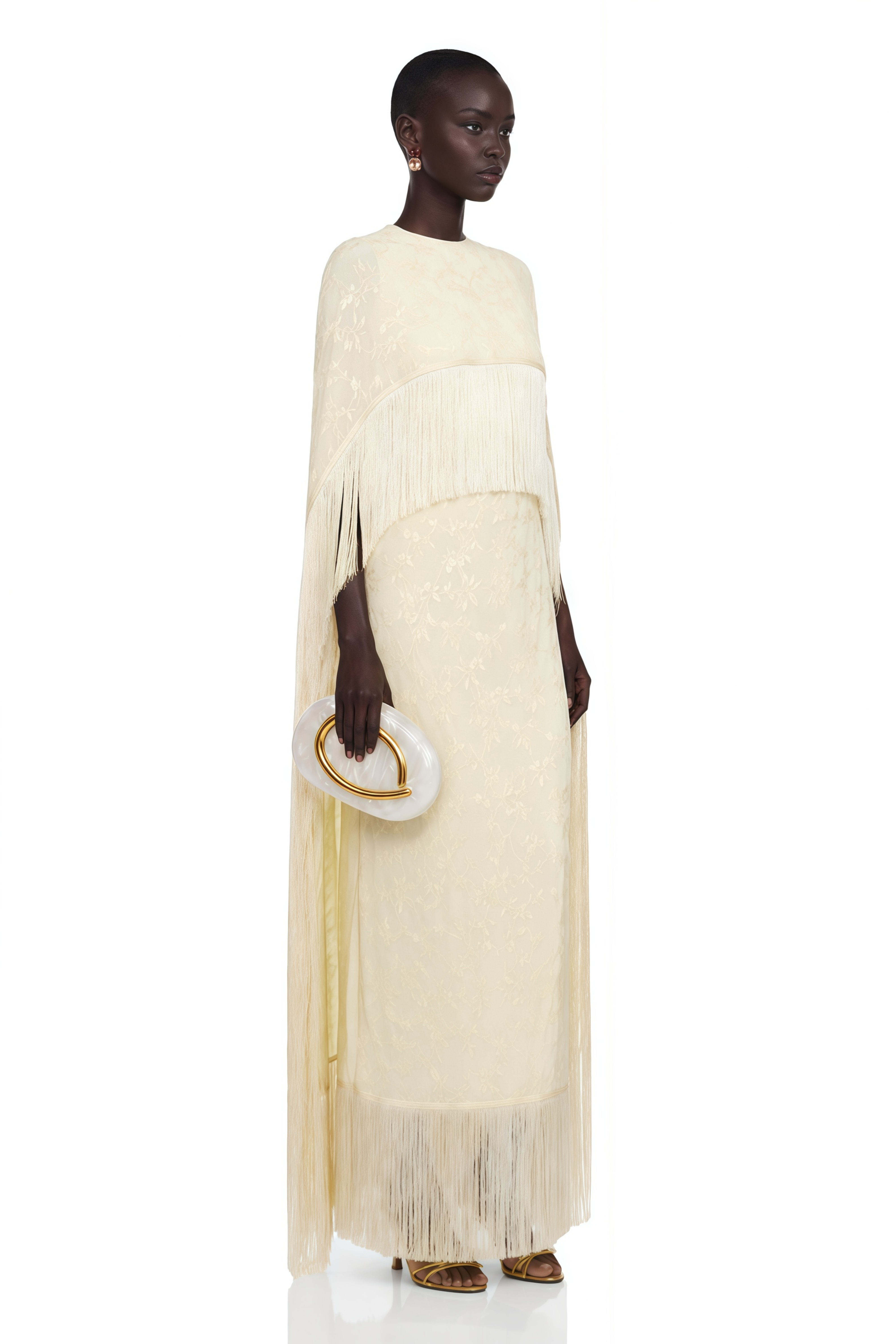 Yolanda Pale Yellow Maxi Dress with Cape Overlay and Fringe