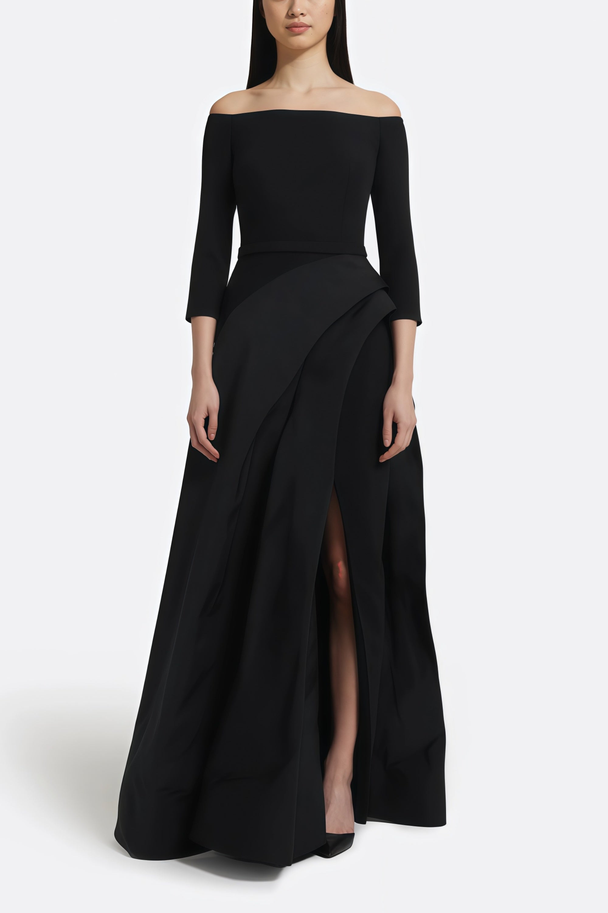 Yoliswa Black Off-Shoulder Maxi Dress with High Thigh Slit (Final Sale-US Only)