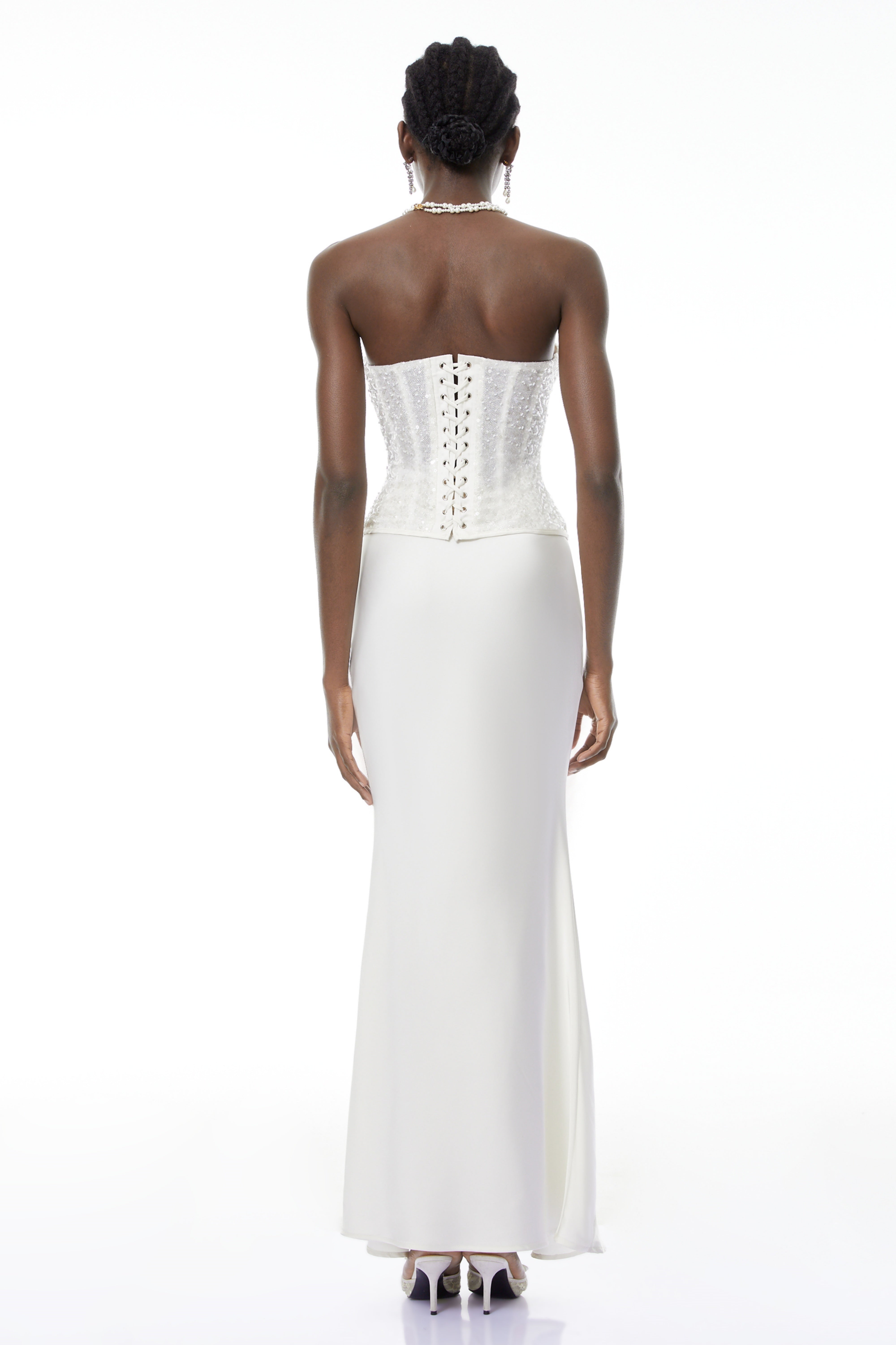 Zora White Sequin Corset Top & Satin Skirt Set (Final Sale-US Only)