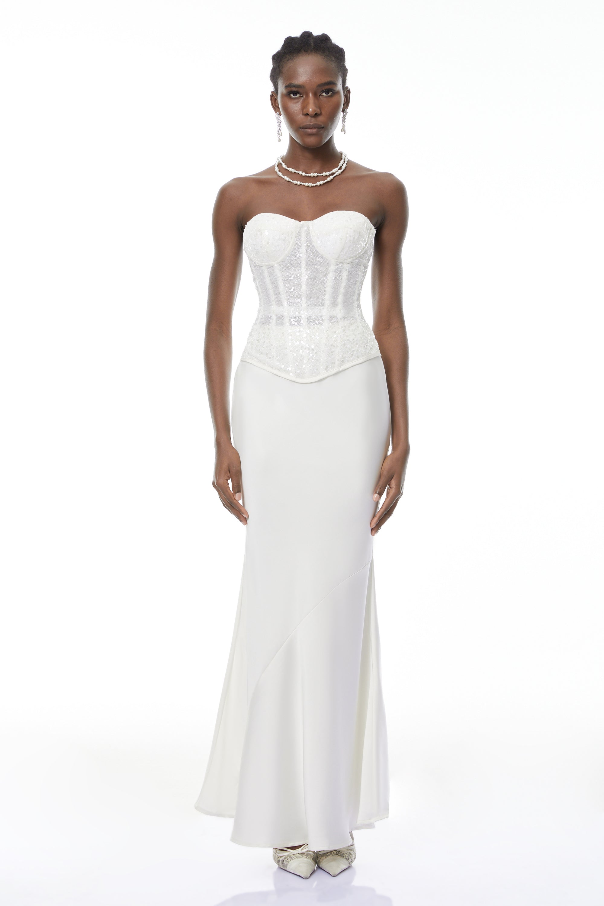 Zora White Sequin Corset Top & Satin Skirt Set (Final Sale-US Only)