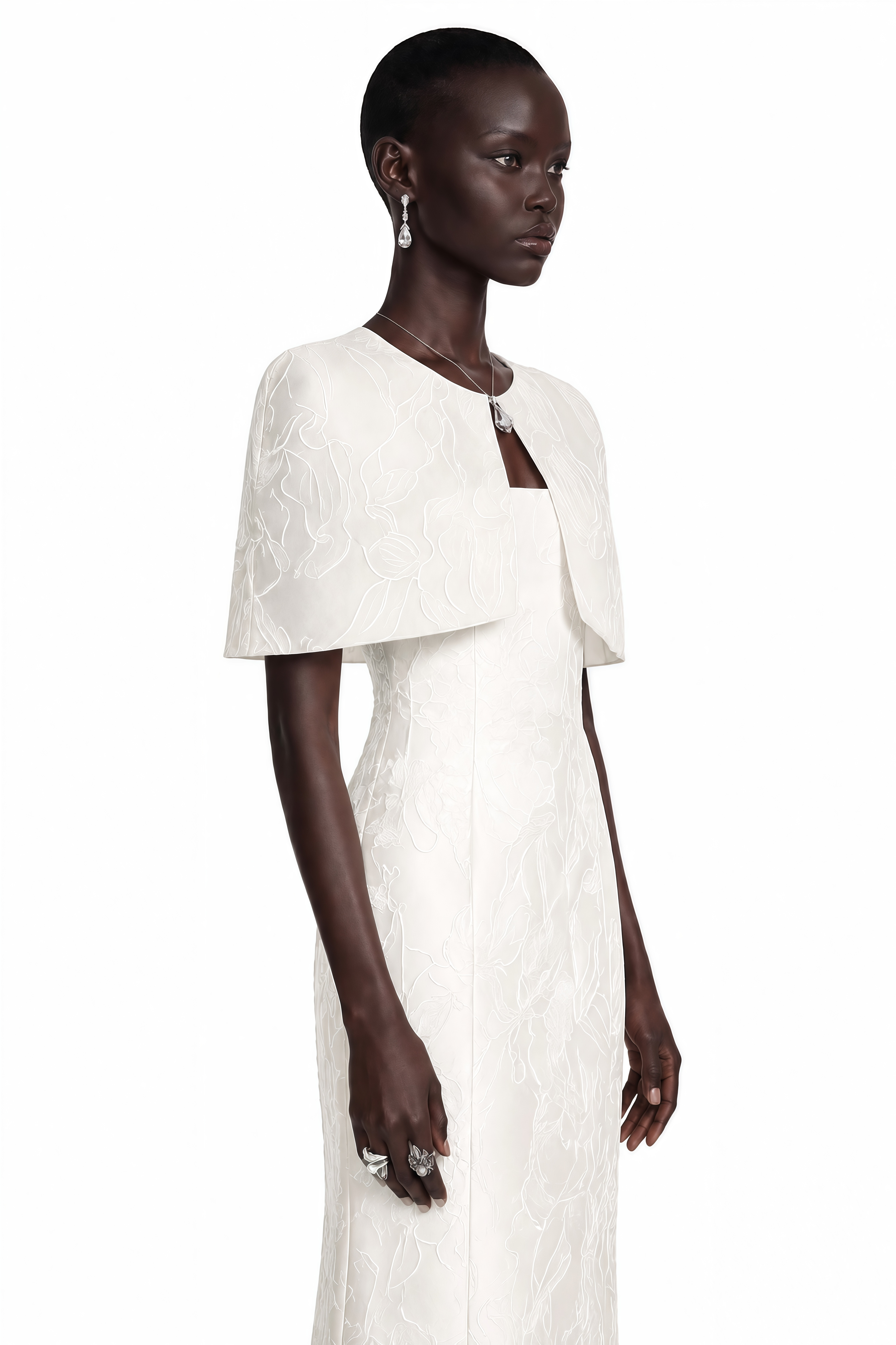 White column maxi dress in jacquard floral print with a matching open-front short cape overlay
