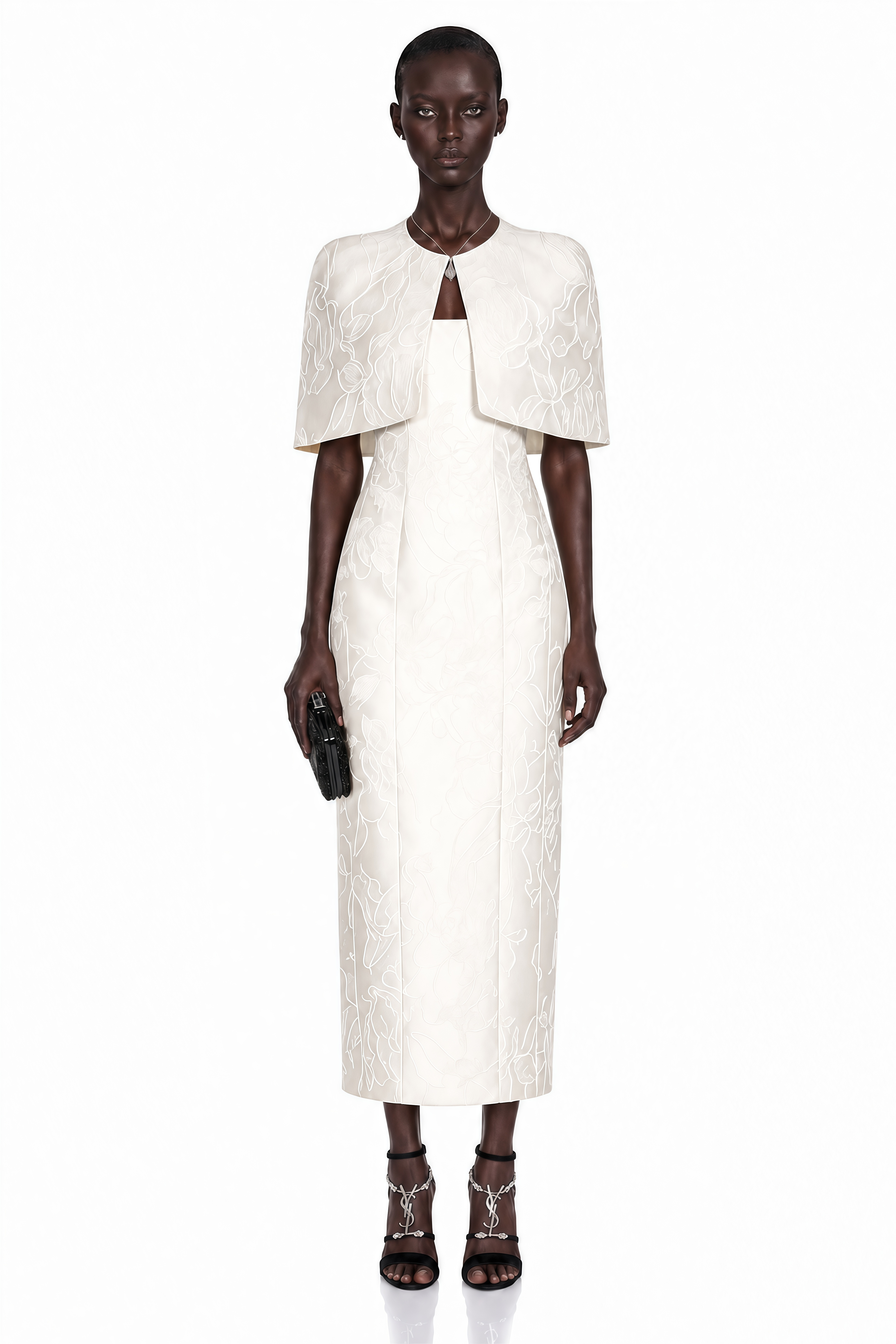 White column maxi dress in jacquard floral print with a matching open-front short cape overlay