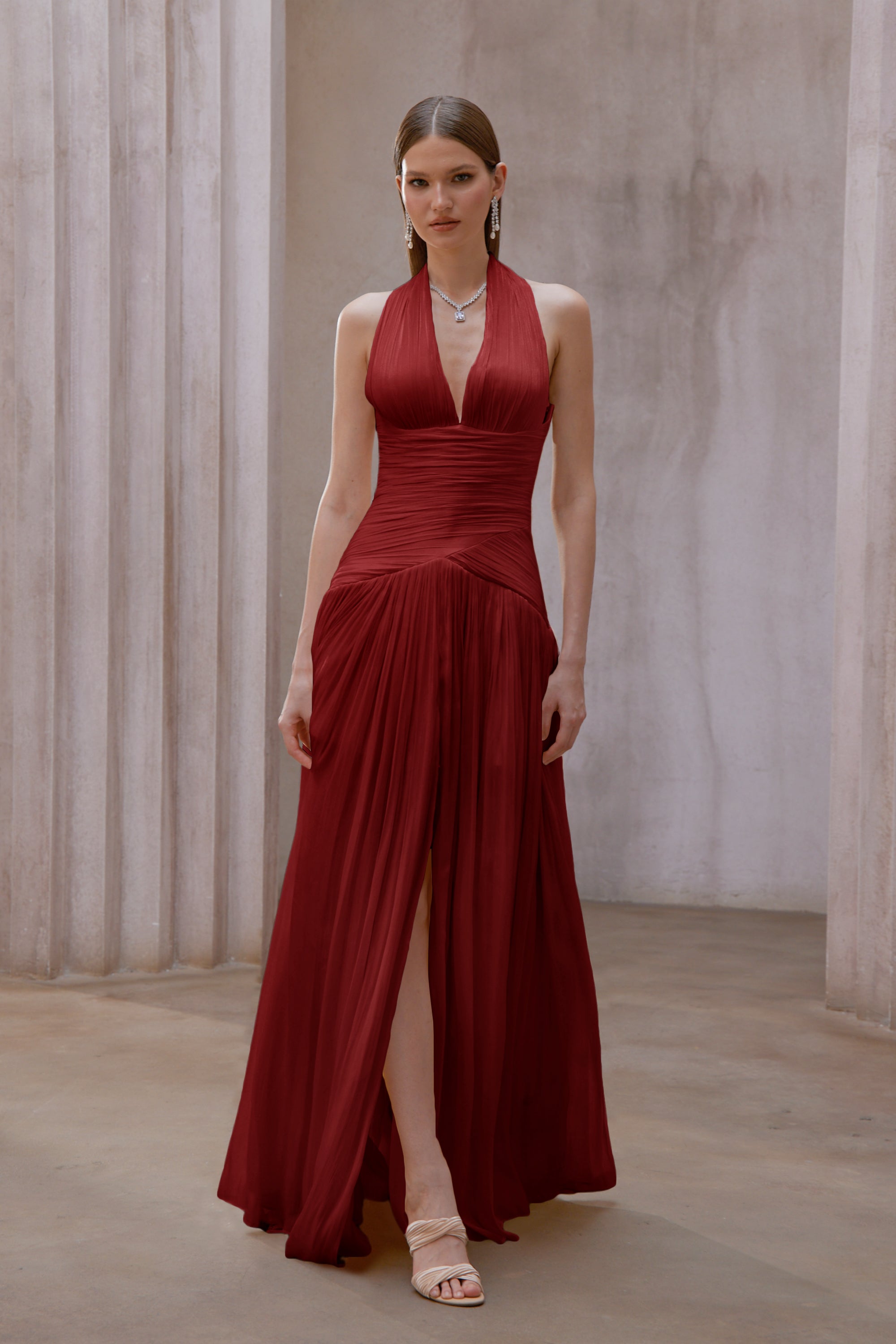 Uranie Red Gathered Maxi Dress (Final Sale-US Only)