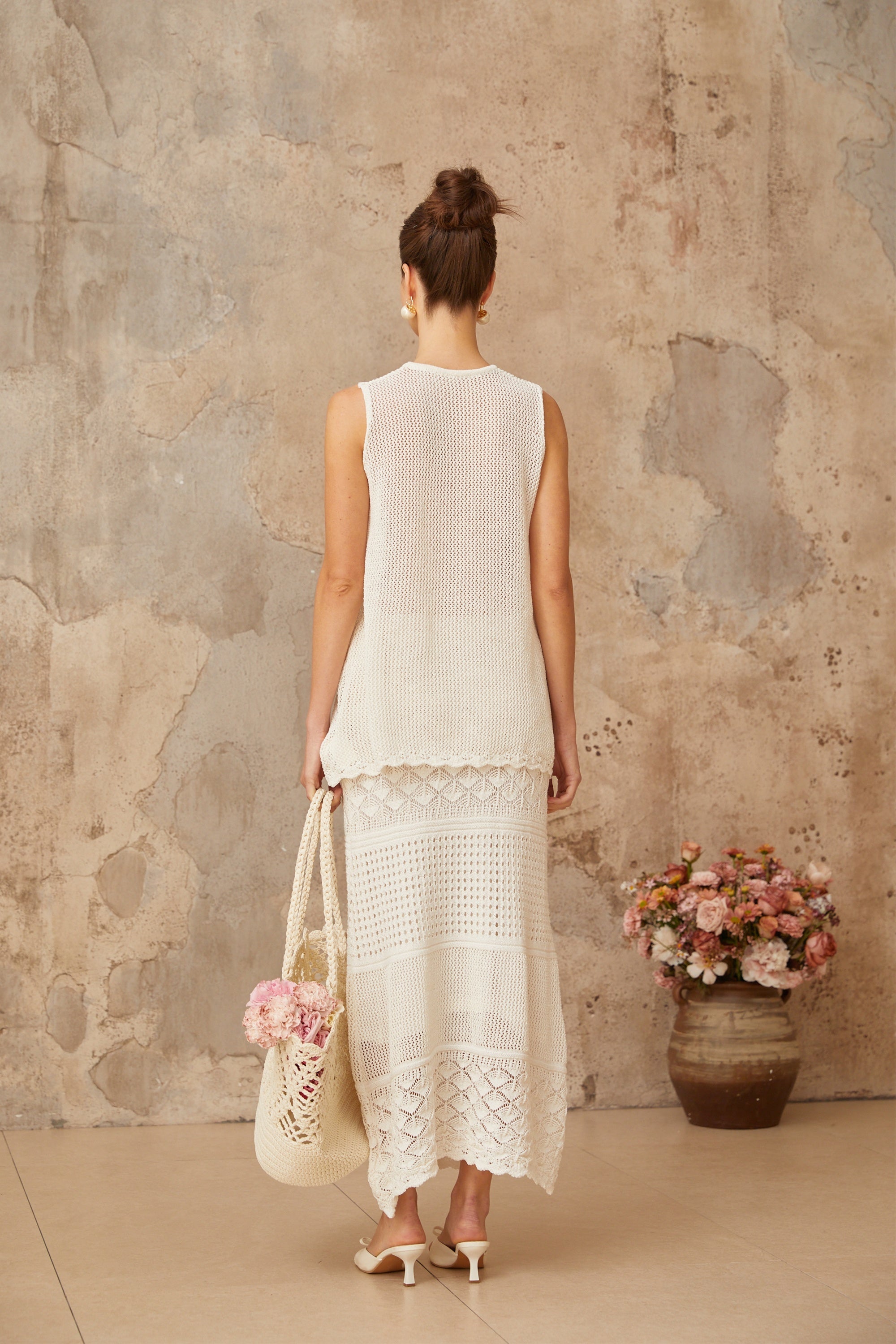Irène White Cutout Crochet Knit Two-Piece Top and Skirt (Final Sale)