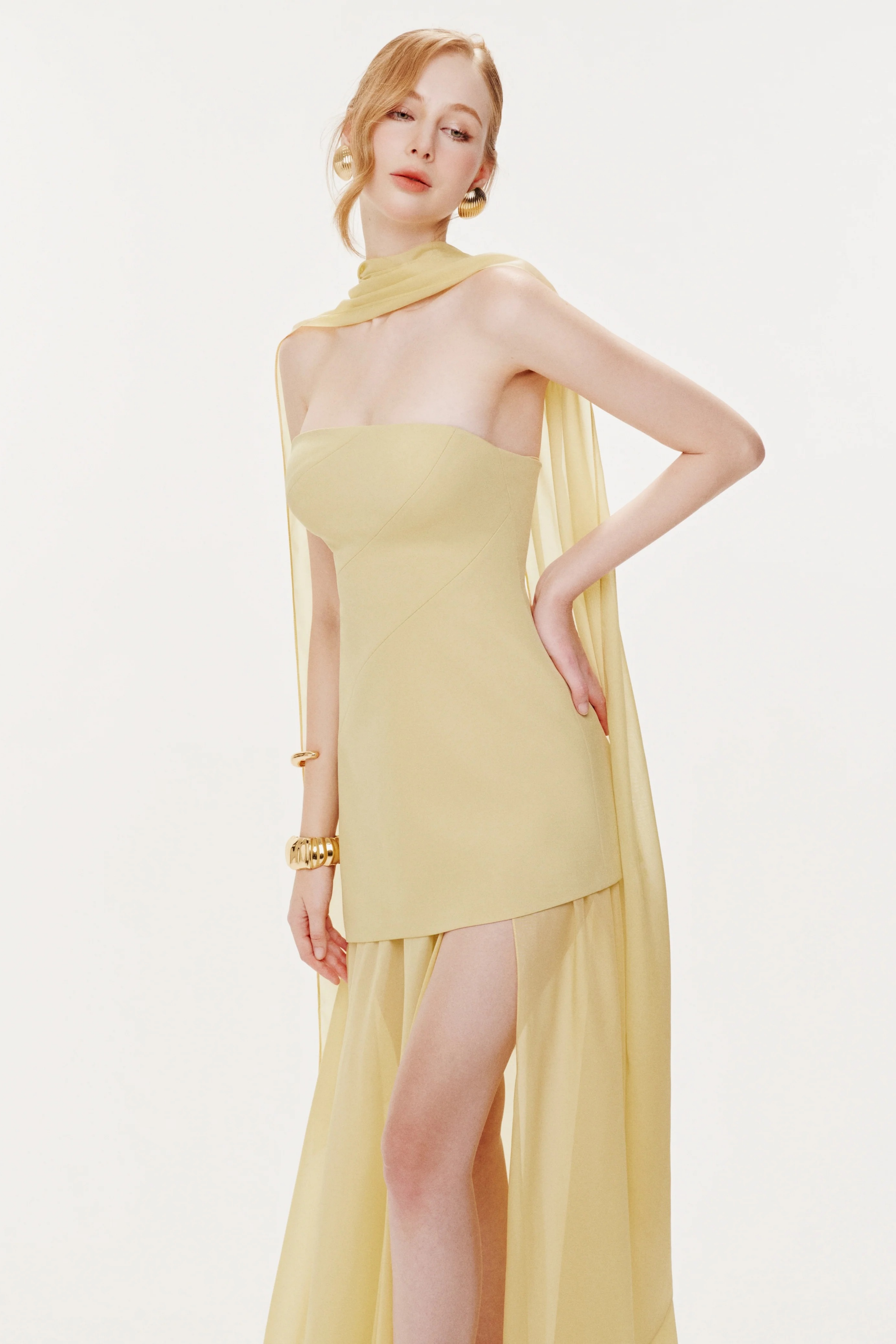 Marlis Yellow Strapless Layered Train Dress