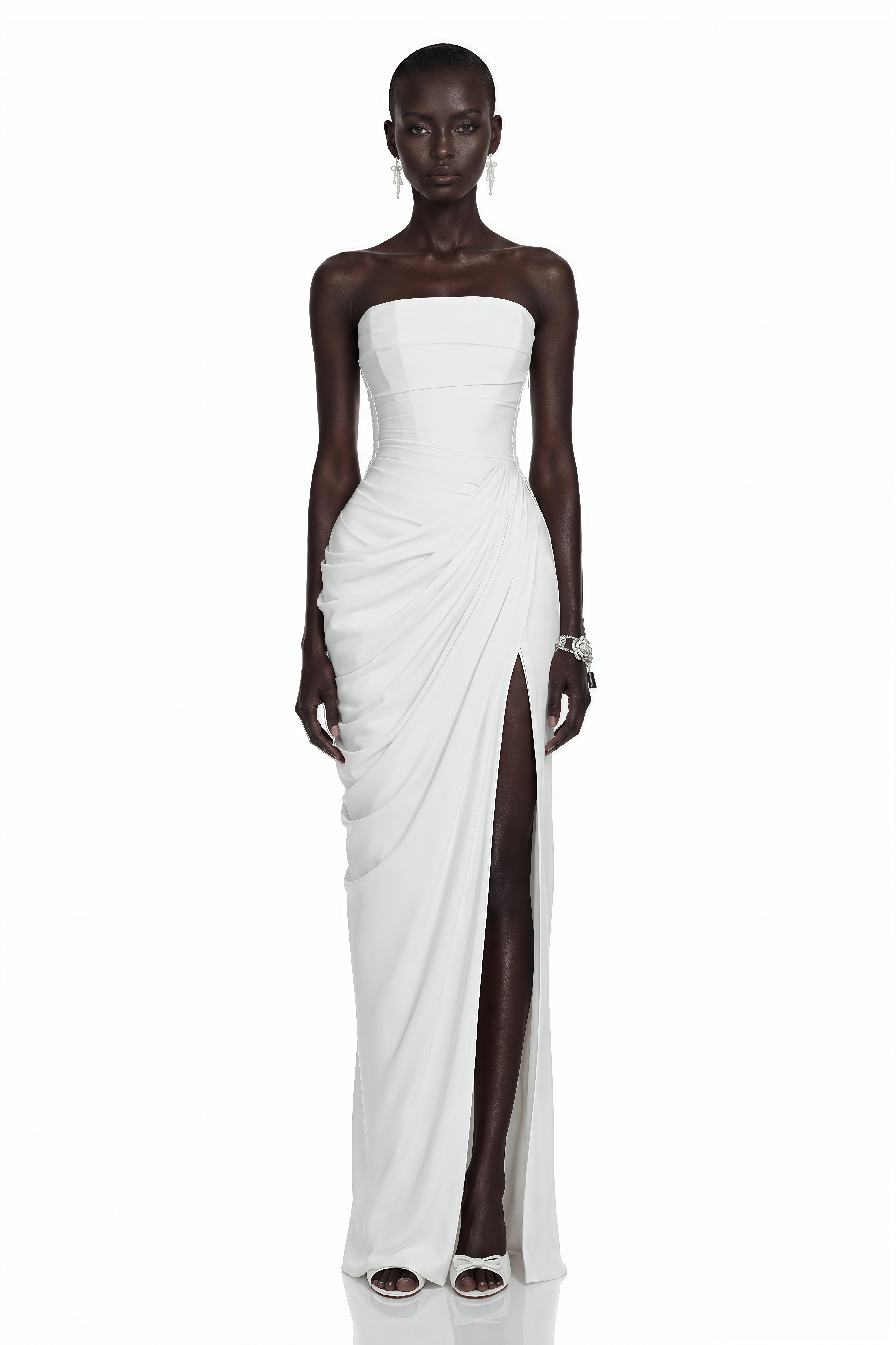 Safiya White Ruched Maxi Dress with Cross Front