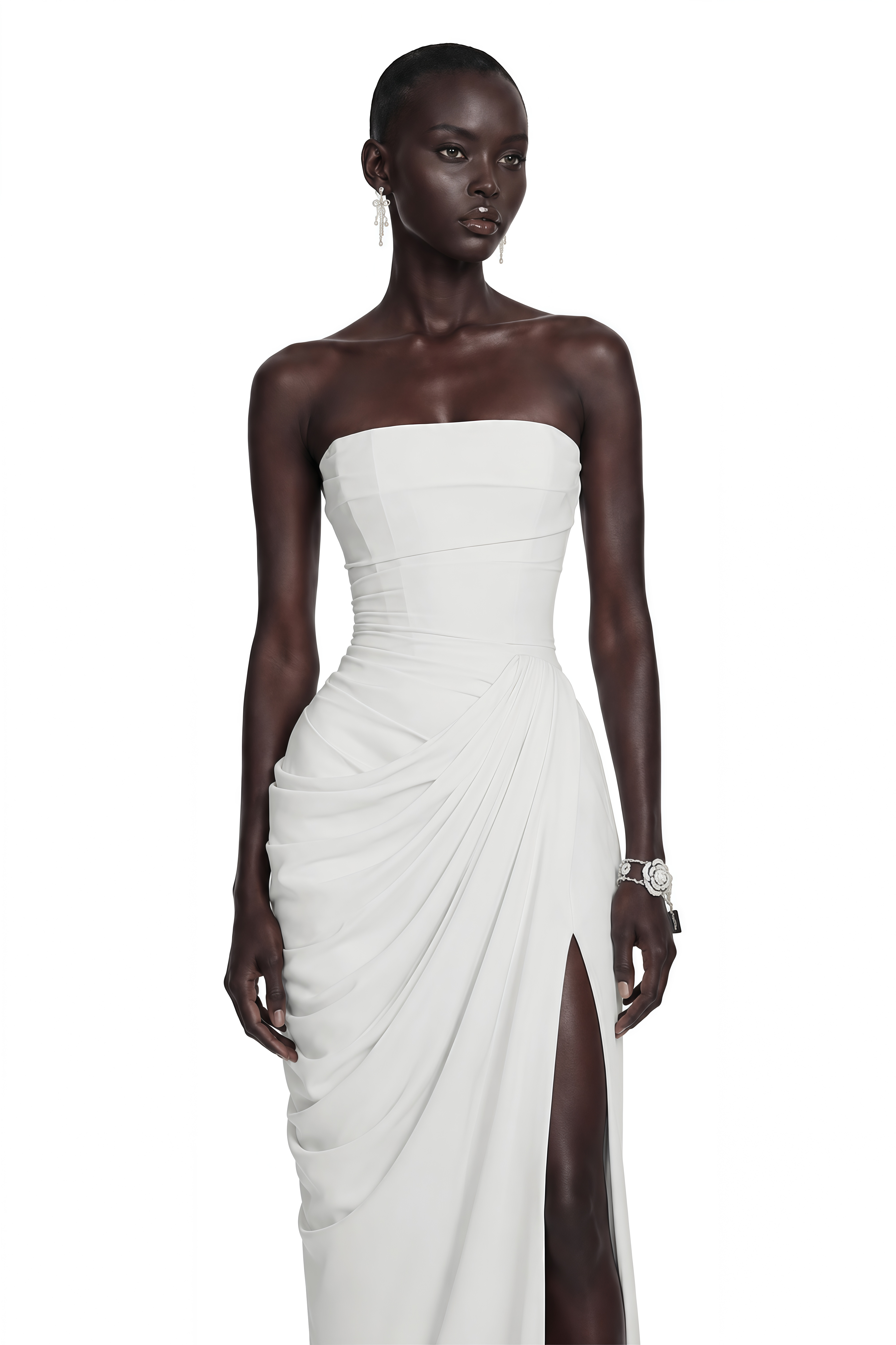 Safiya White Ruched Maxi Dress with Cross Front