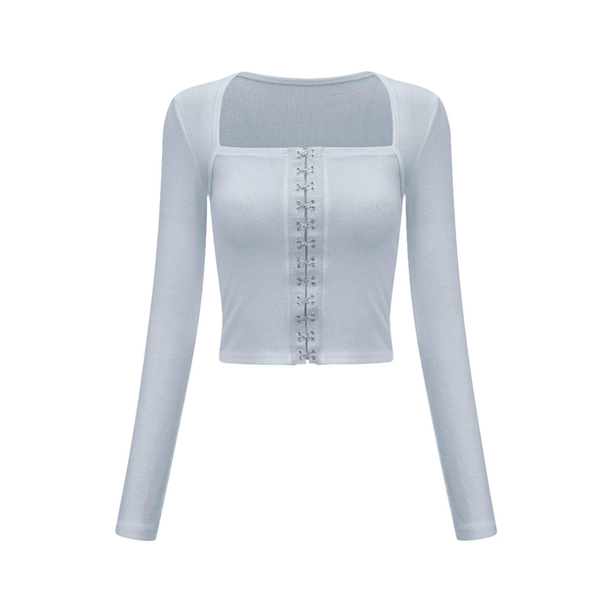 Blue long-sleeve crop top with a square neckline and front hook-and-eye closures