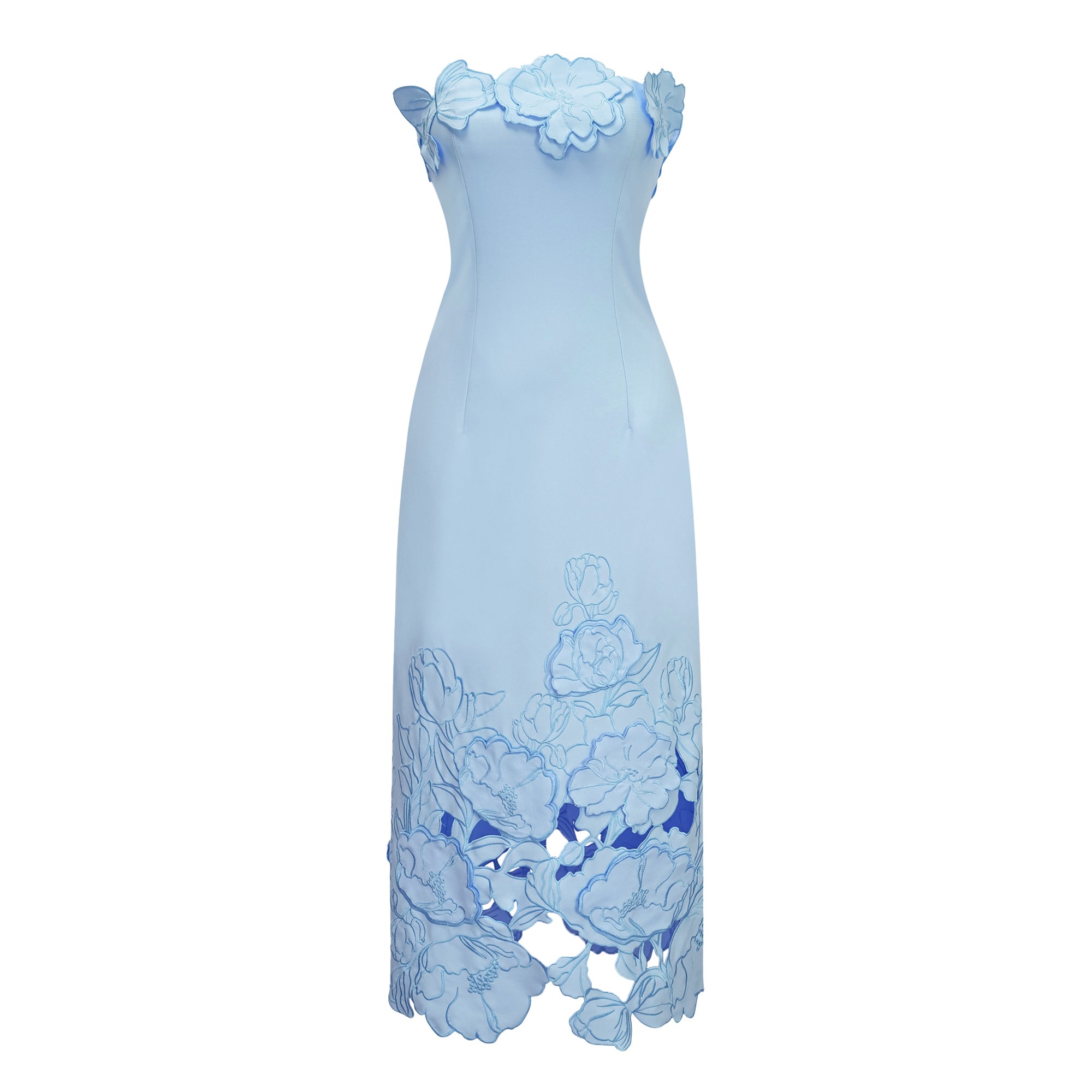 Light blue strapless gown with 3D floral appliqués and a cutout floral hem