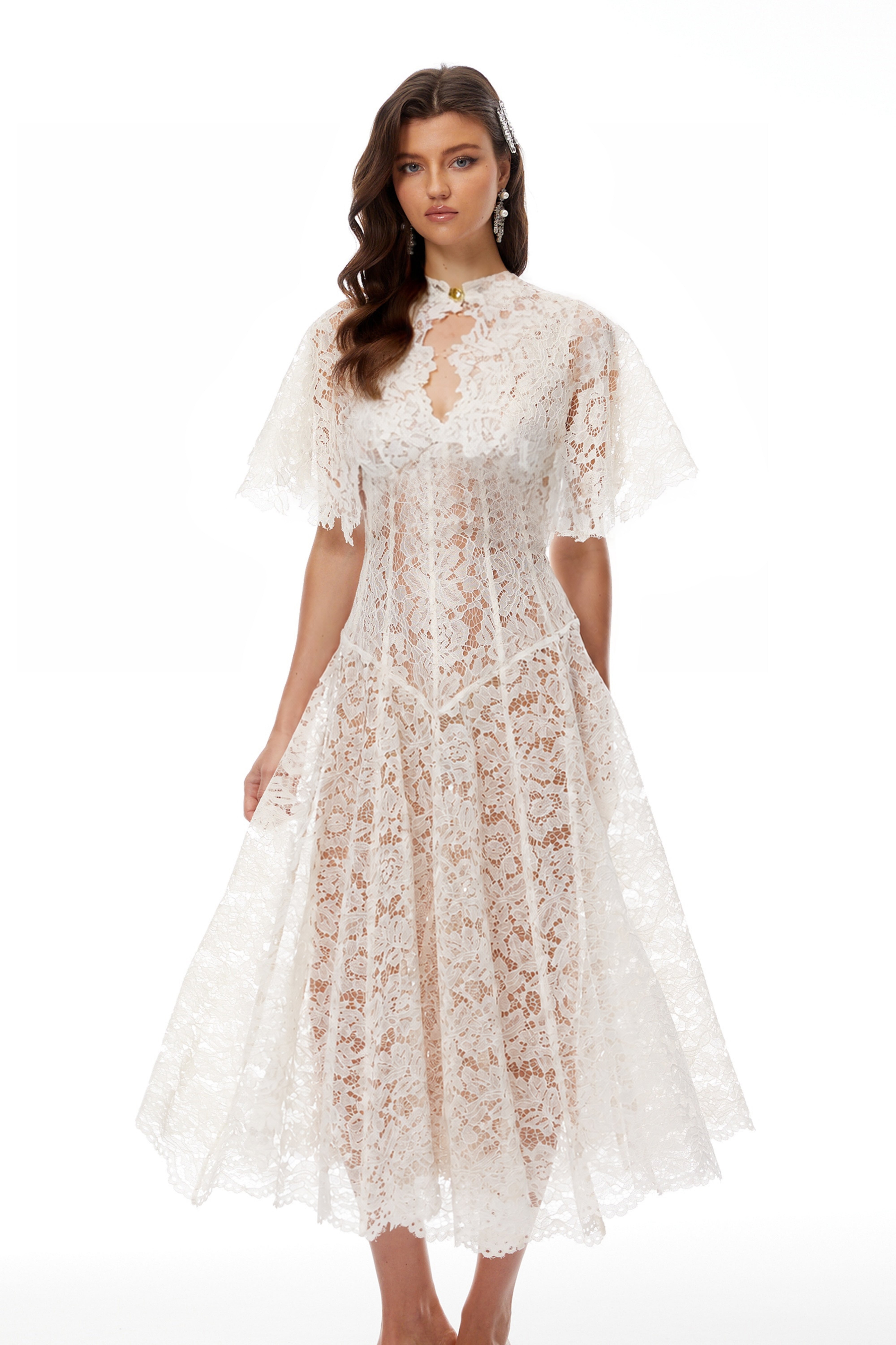White lace midi dress with a keyhole neckline and a flared skirt over a nude lining