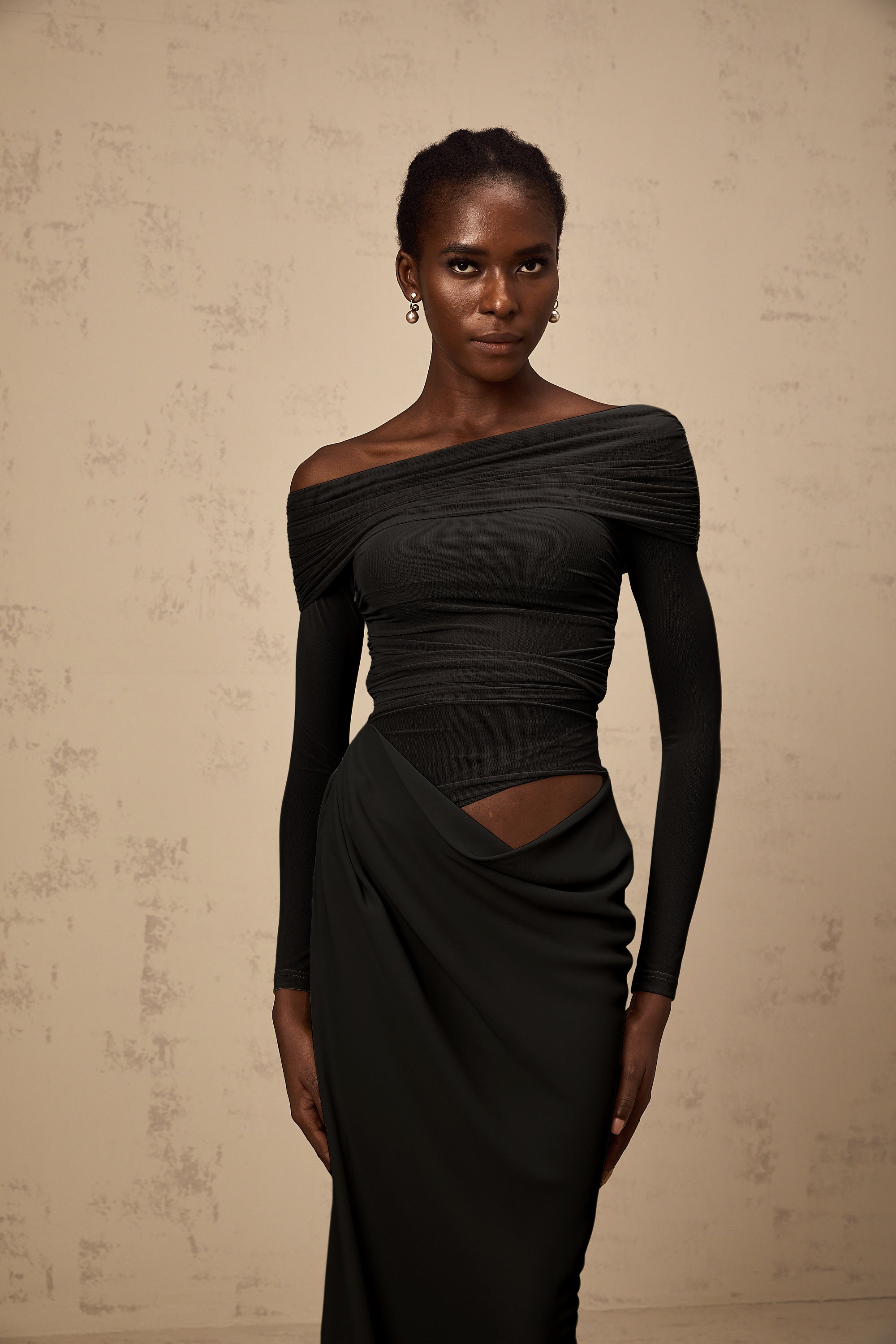 Estelle off-shoulder semi-sheer midi dress in Black